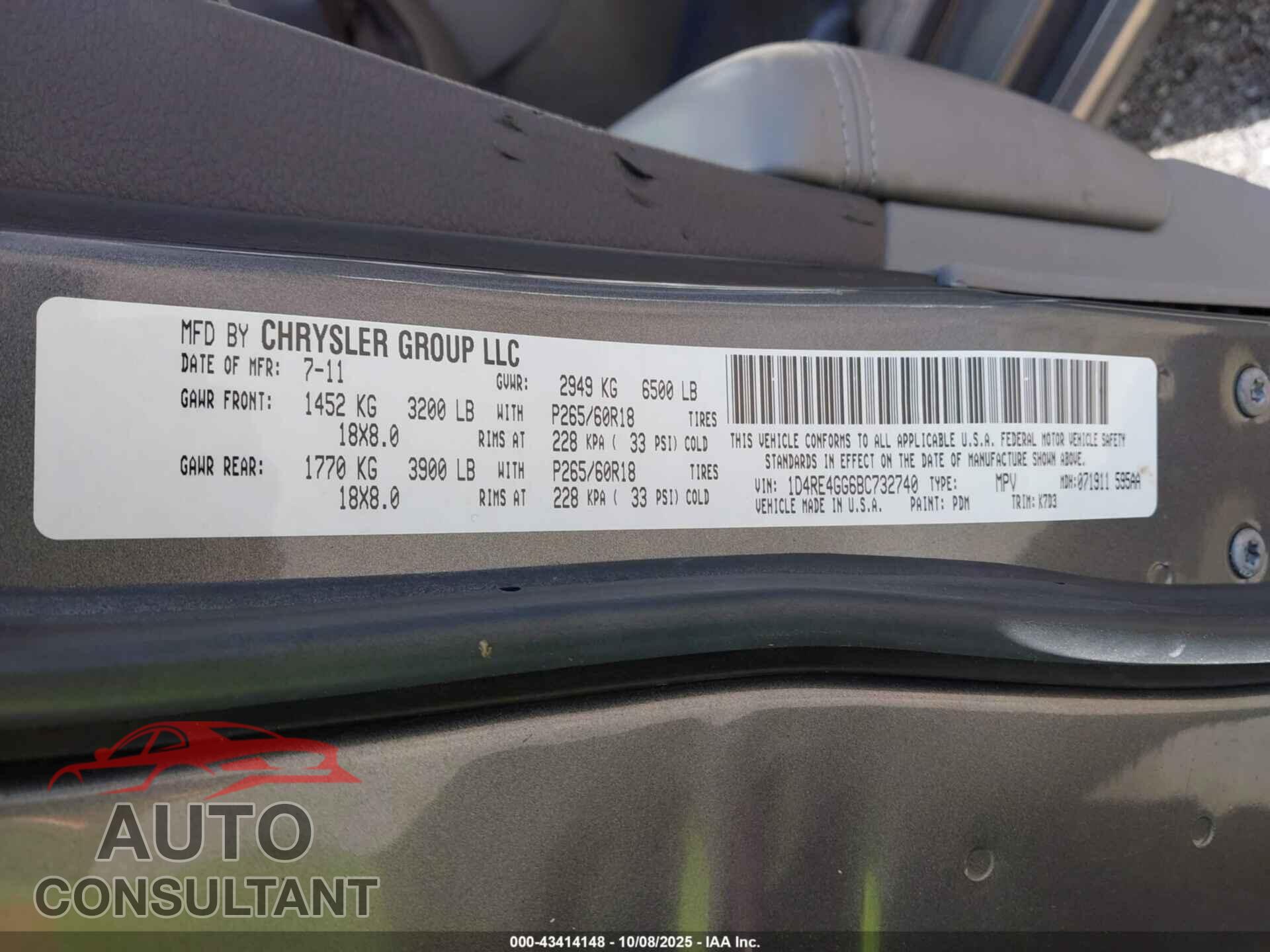 DODGE DURANGO 2011 - 1D4RE4GG6BC732740