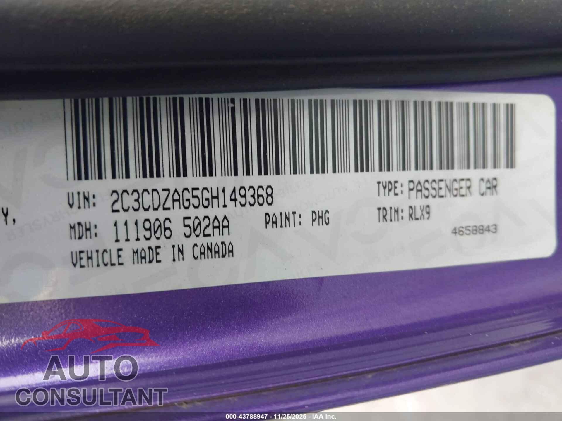 DODGE CHALLENGER 2016 - 2C3CDZAG5GH149368