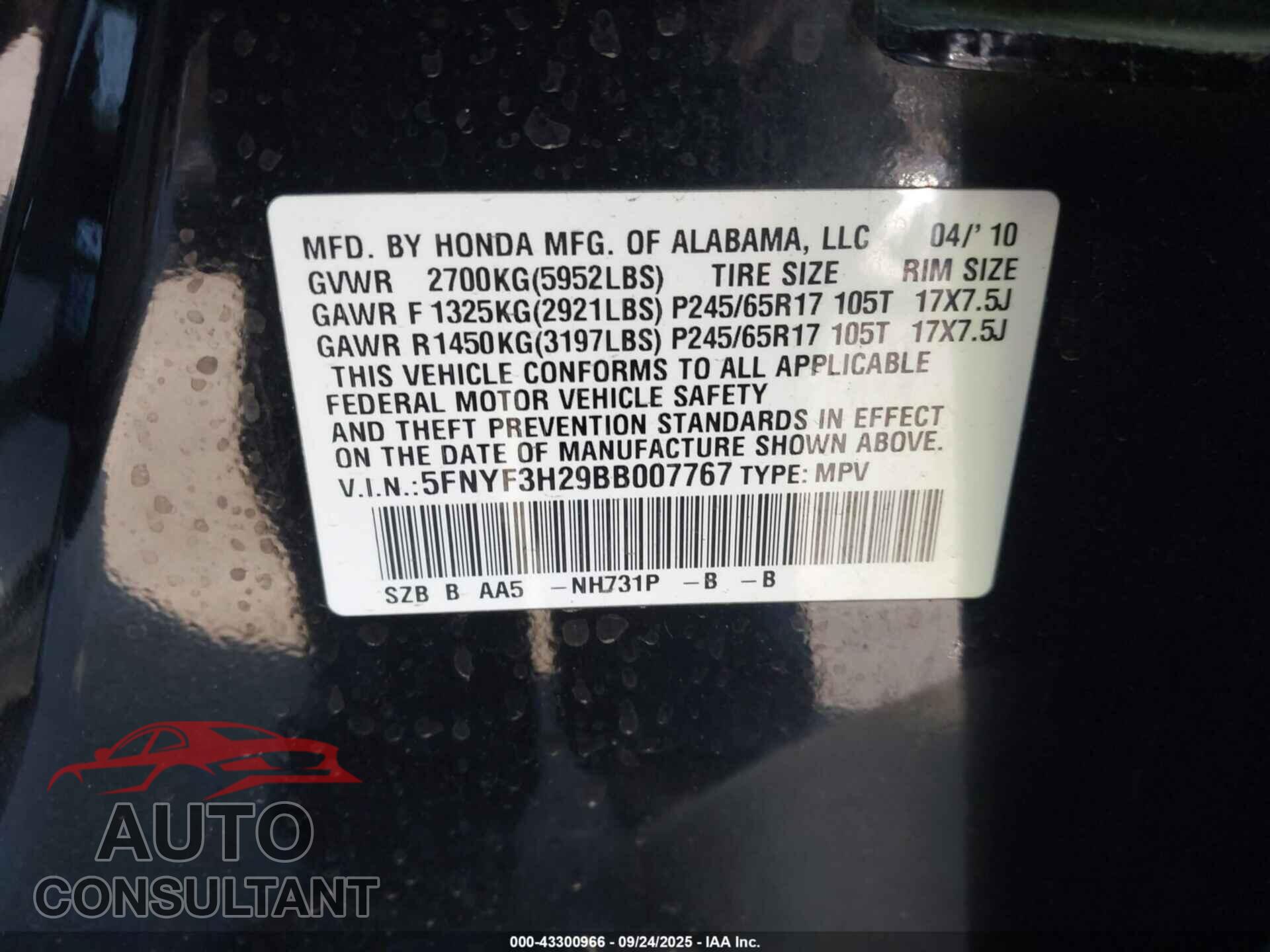 HONDA PILOT 2011 - 5FNYF3H29BB007767