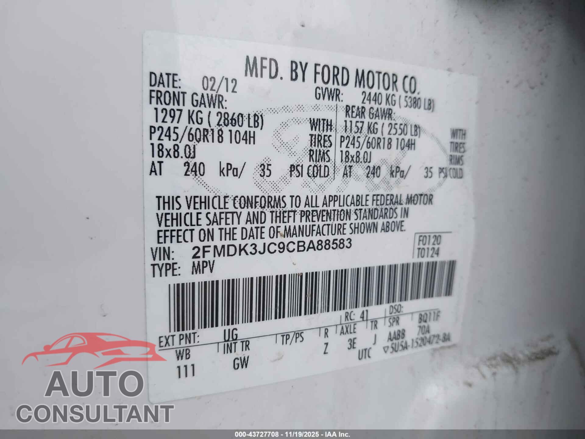 FORD EDGE 2012 - 2FMDK3JC9CBA88583