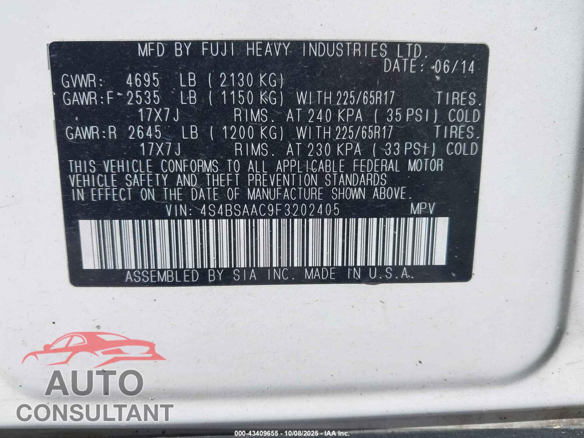 SUBARU OUTBACK 2015 - 4S4BSAAC9F3202405