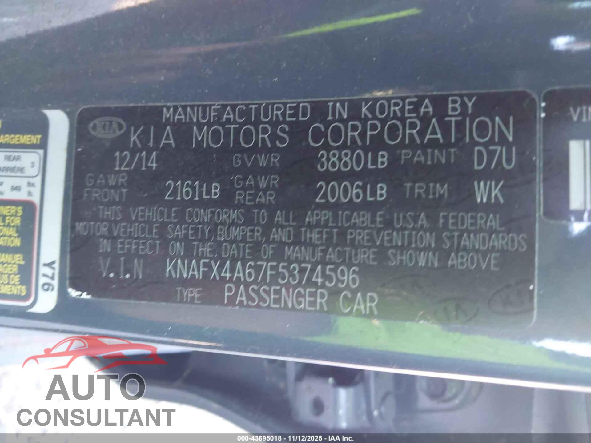 KIA FORTE 2015 - KNAFX4A67F5374596
