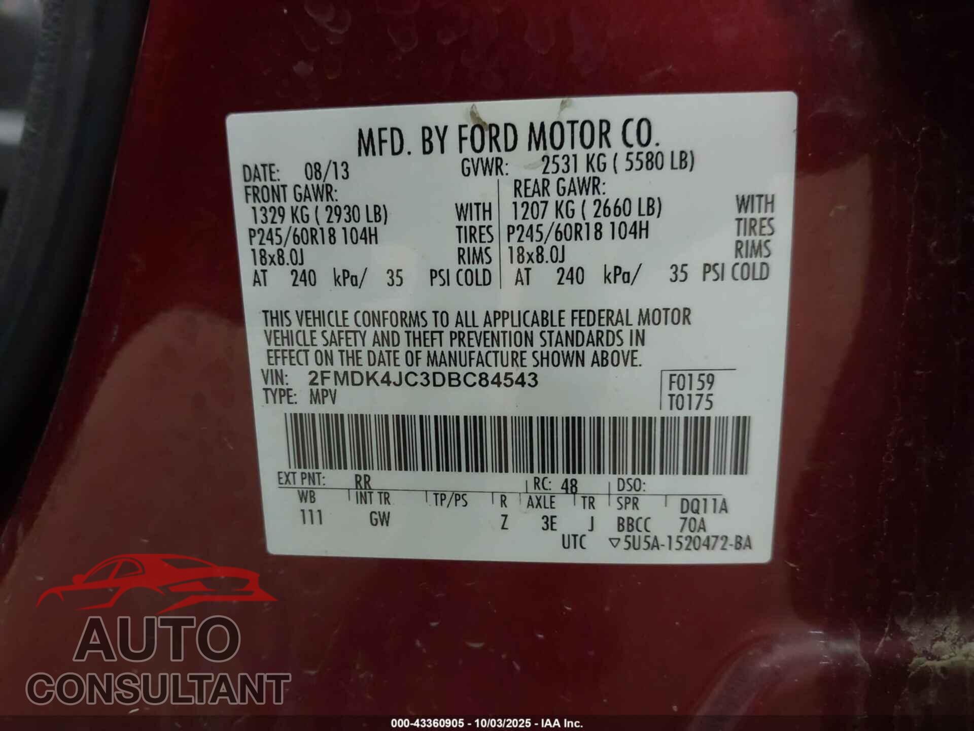 FORD EDGE 2013 - 2FMDK4JC3DBC84543