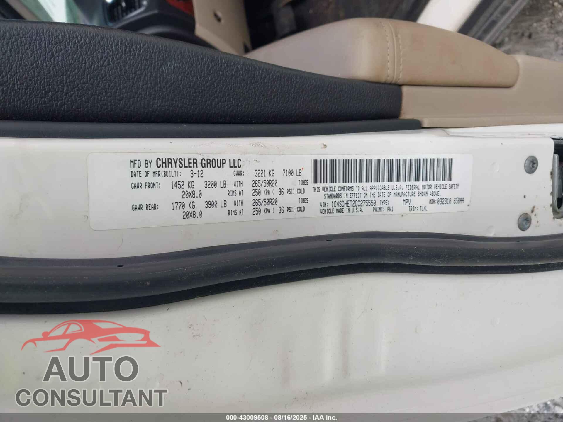 DODGE DURANGO 2012 - 1C4SDHET2CC275550