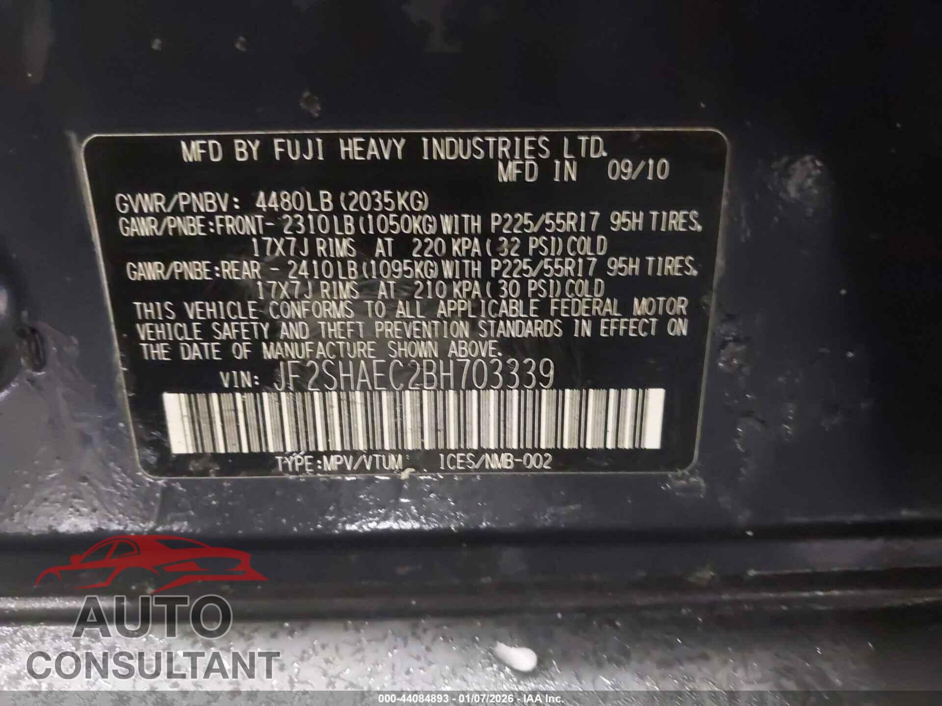 SUBARU FORESTER 2011 - JF2SHAEC2BH703339