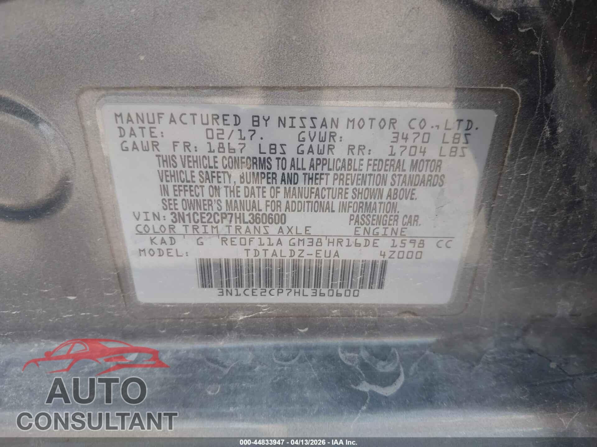 NISSAN VERSA NOTE 2017 - 3N1CE2CP7HL360600