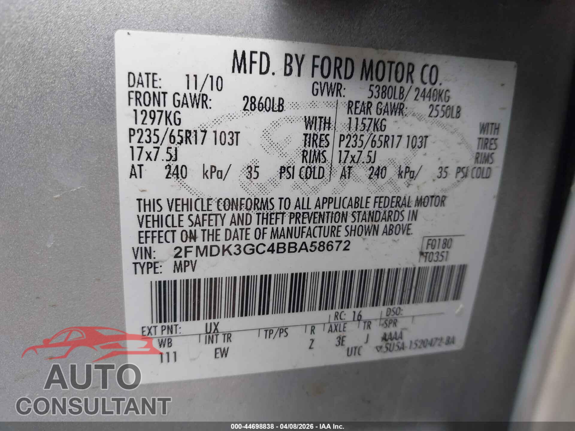 FORD EDGE 2011 - 2FMDK3GC4BBA58672