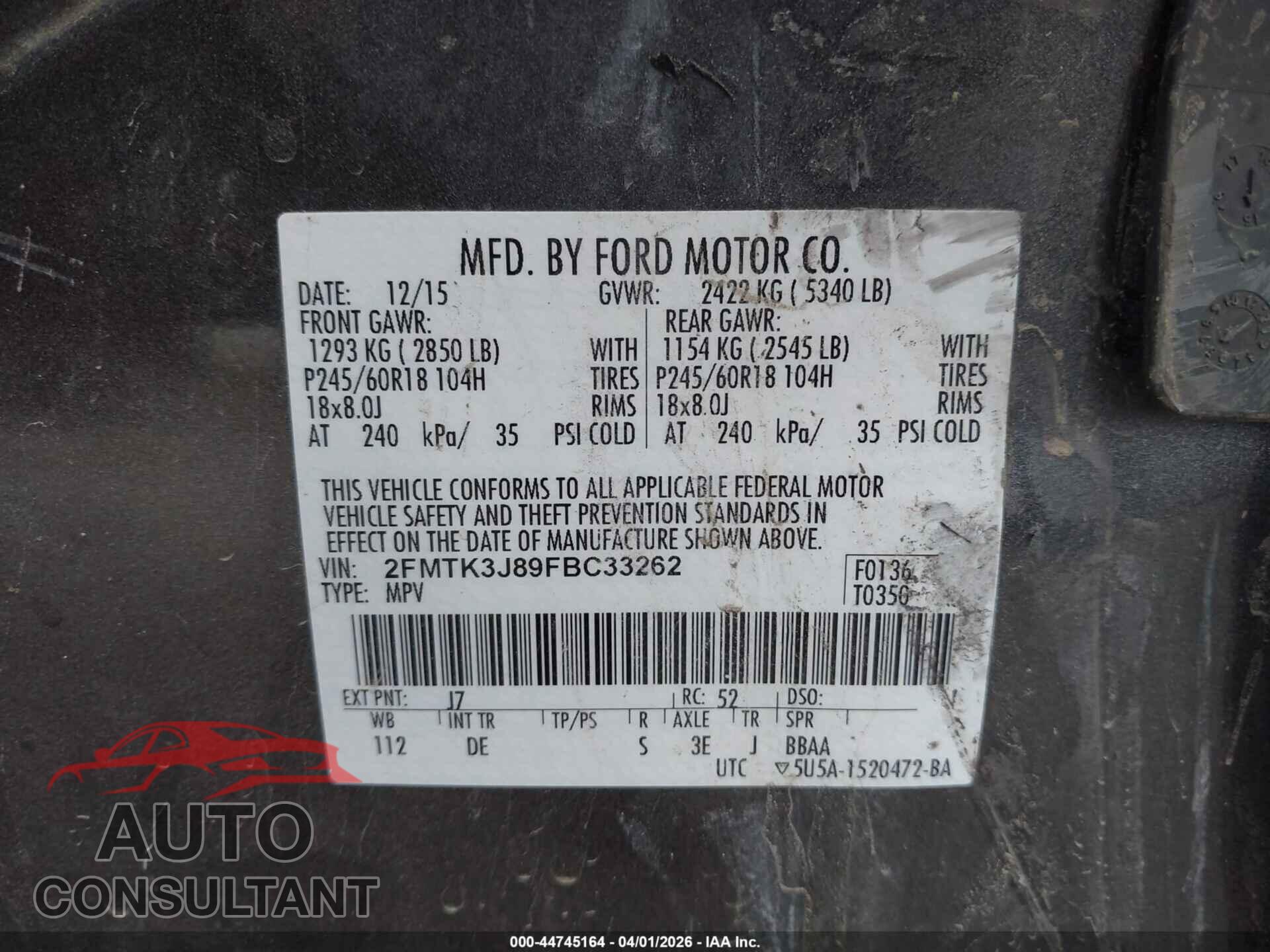 FORD EDGE 2015 - 2FMTK3J89FBC33262