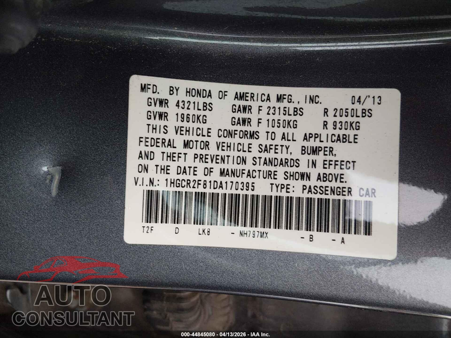 HONDA ACCORD 2013 - 1HGCR2F81DA170395