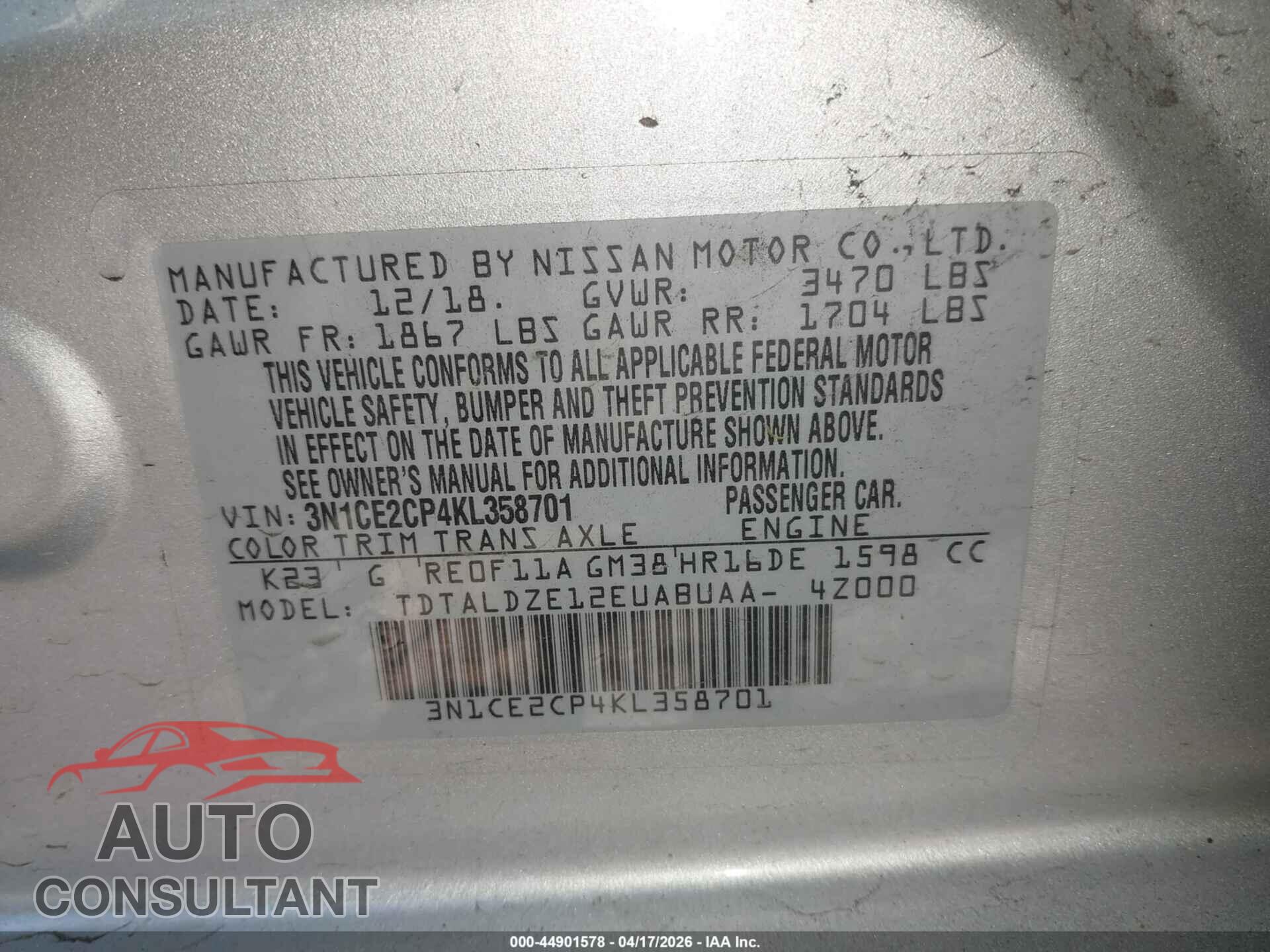 NISSAN VERSA NOTE 2019 - 3N1CE2CP4KL358701