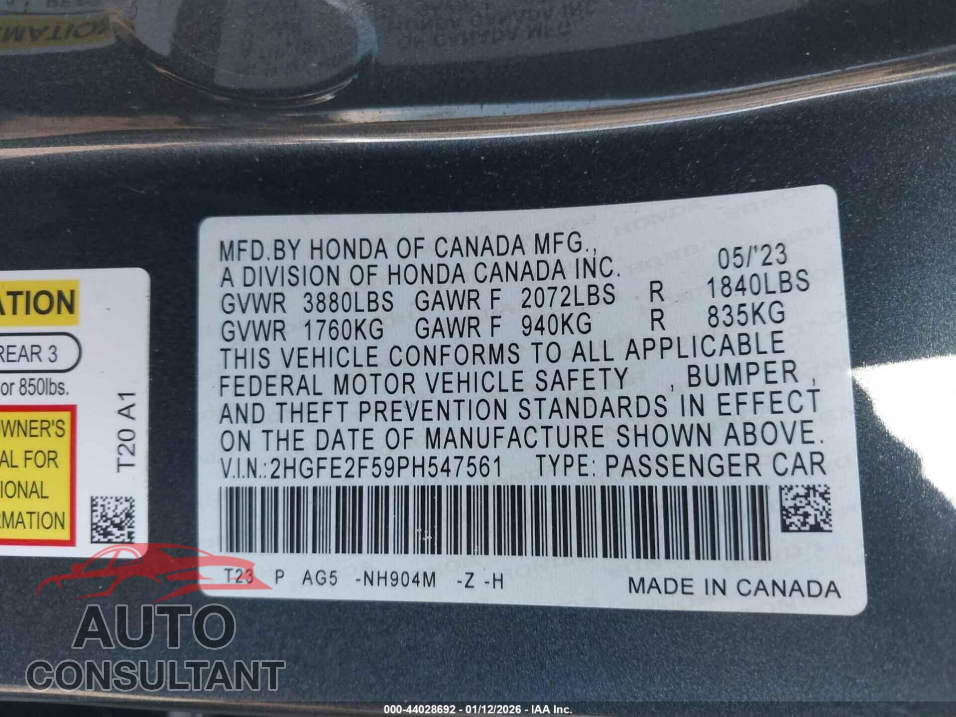 HONDA CIVIC 2023 - 2HGFE2F59PH547561