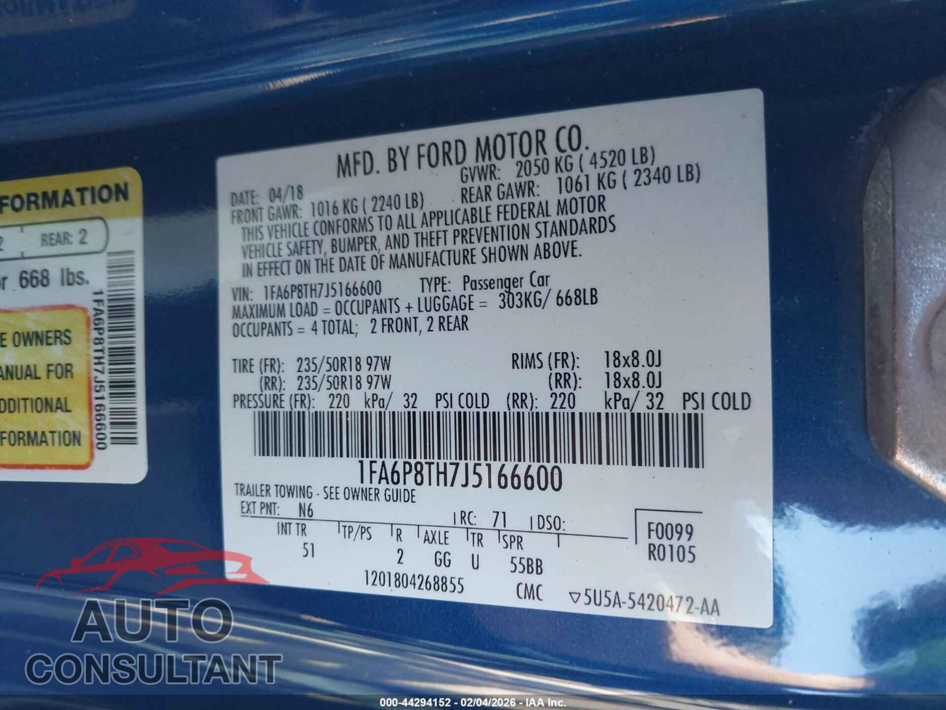 FORD MUSTANG 2018 - 1FA6P8TH7J5166600