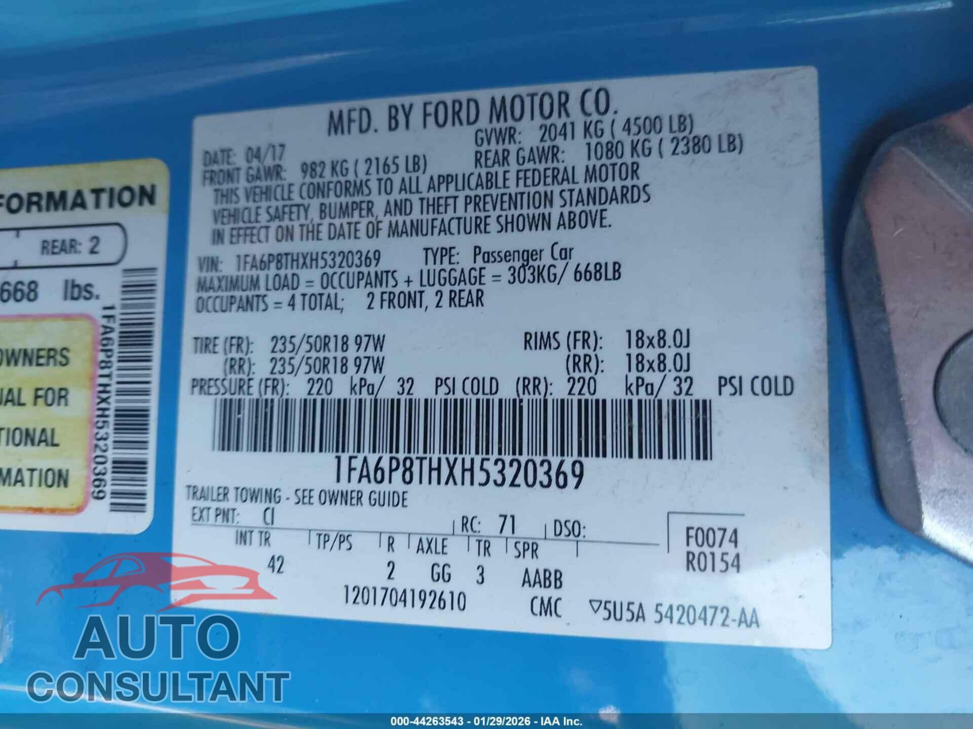 FORD MUSTANG 2017 - 1FA6P8THXH5320369