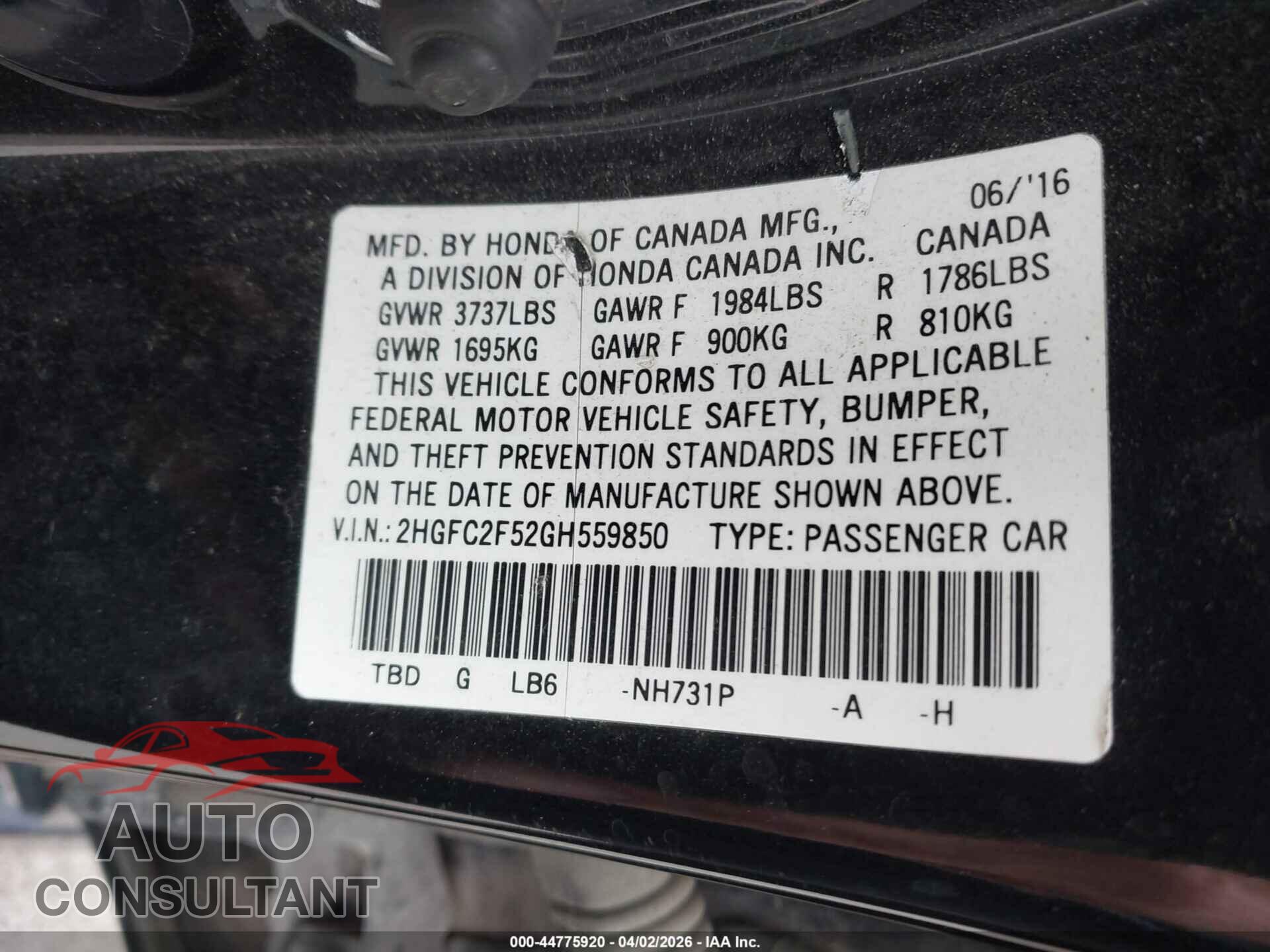 HONDA CIVIC 2016 - 2HGFC2F52GH559850