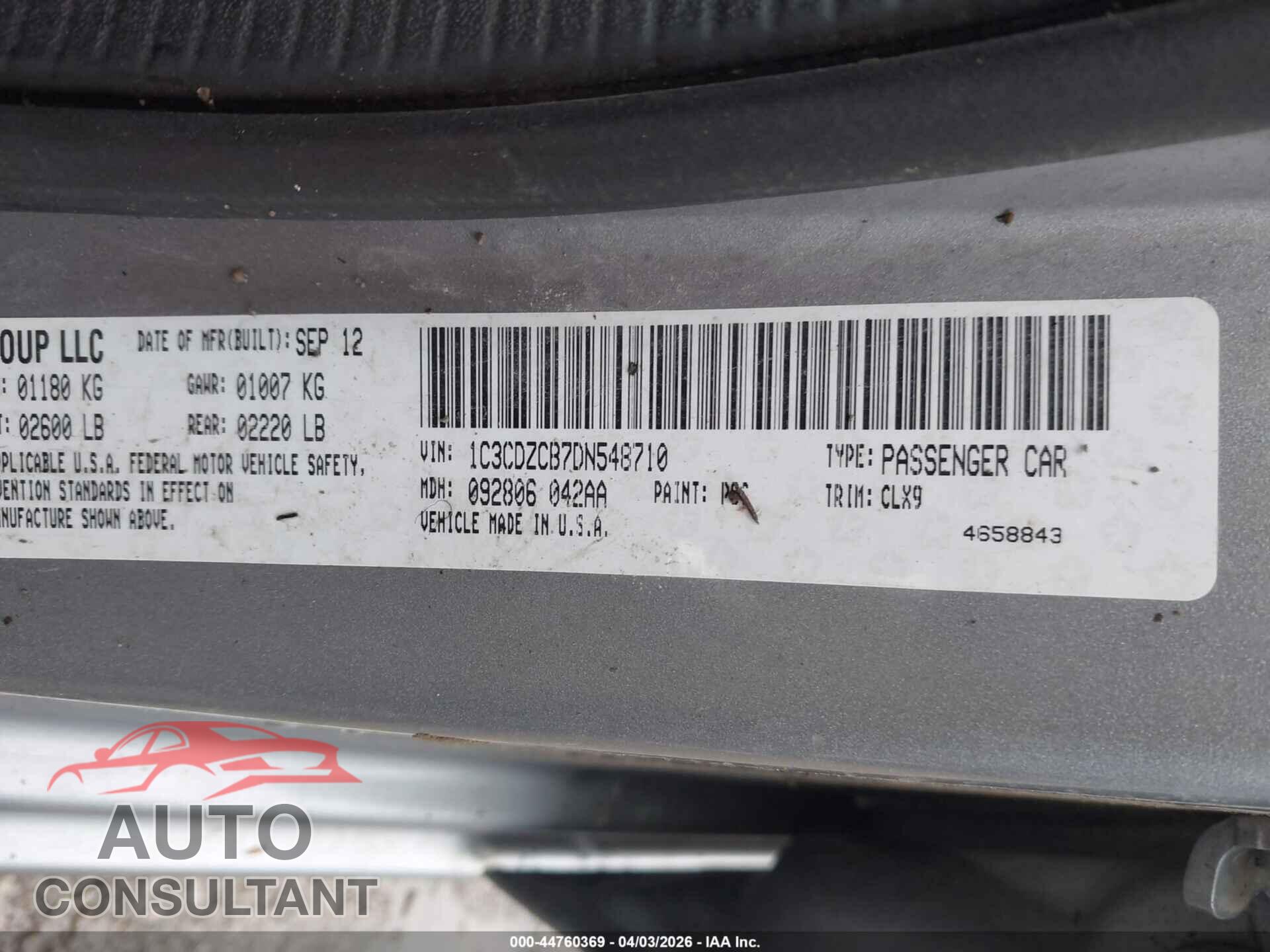 DODGE AVENGER 2013 - 1C3CDZCB7DN548710