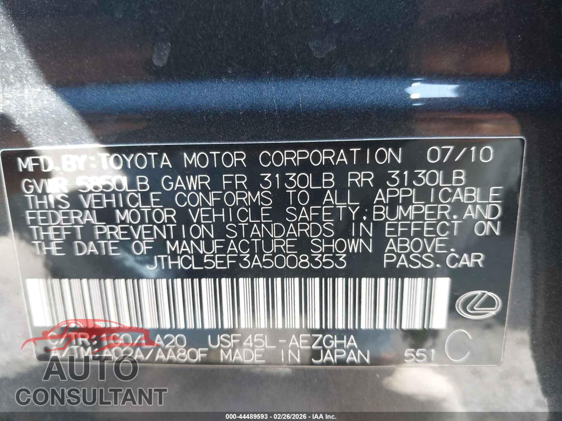 LEXUS LS 460 2010 - JTHCL5EF3A5008353