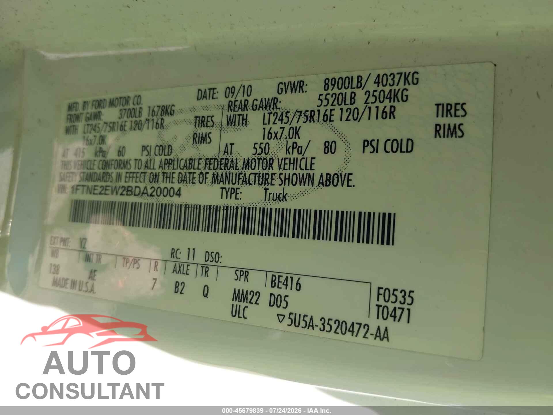 FORD E-250 2011 - 1FTNE2EW2BDA20004
