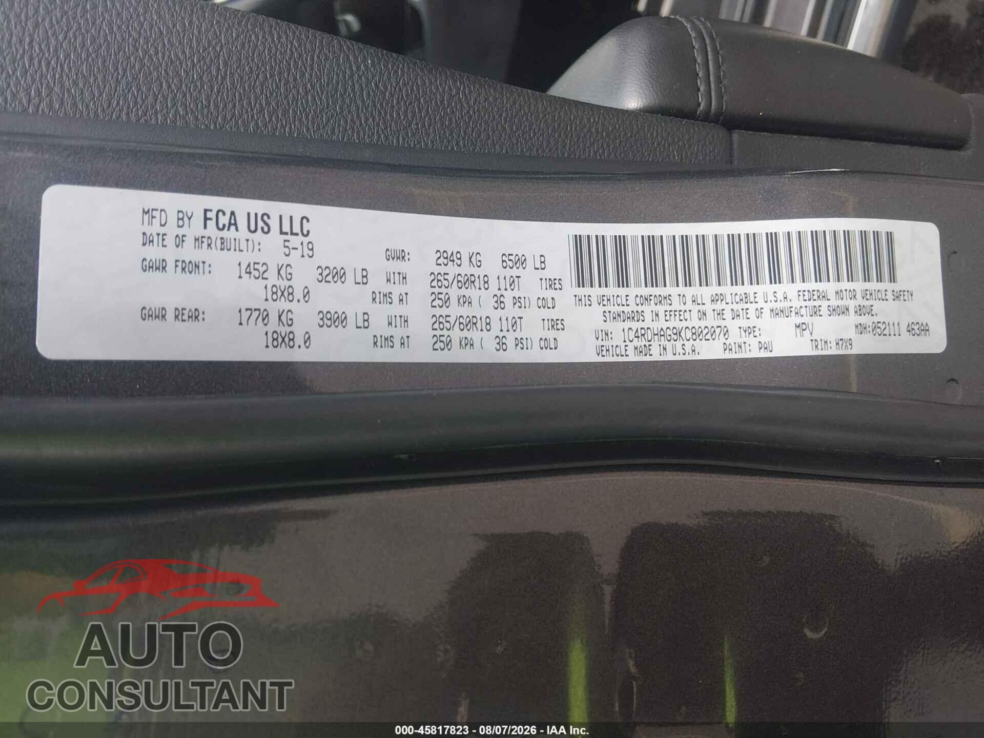 DODGE DURANGO 2019 - 1C4RDHAG9KC802070