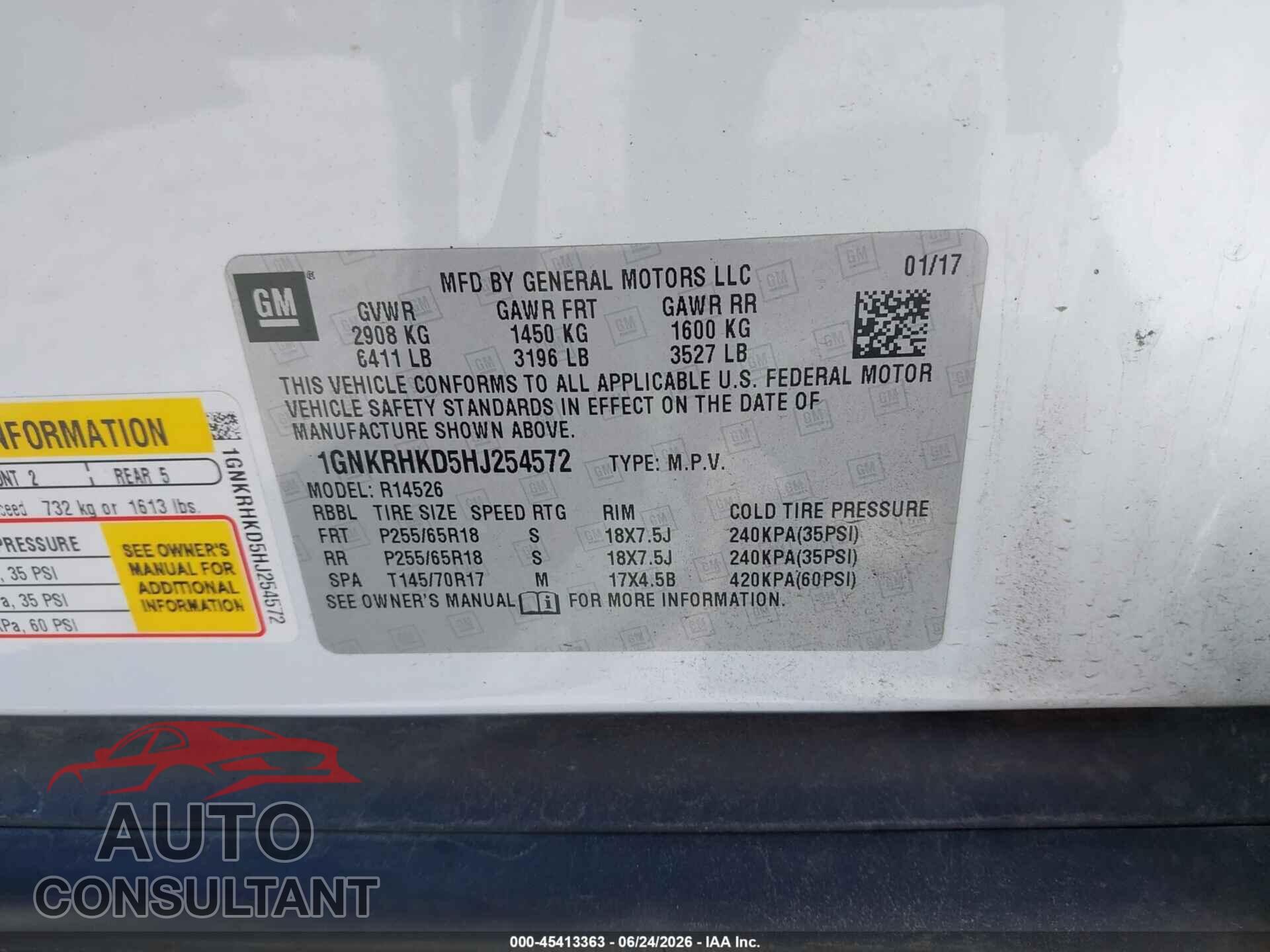 CHEVROLET TRAVERSE 2017 - 1GNKRHKD5HJ254572