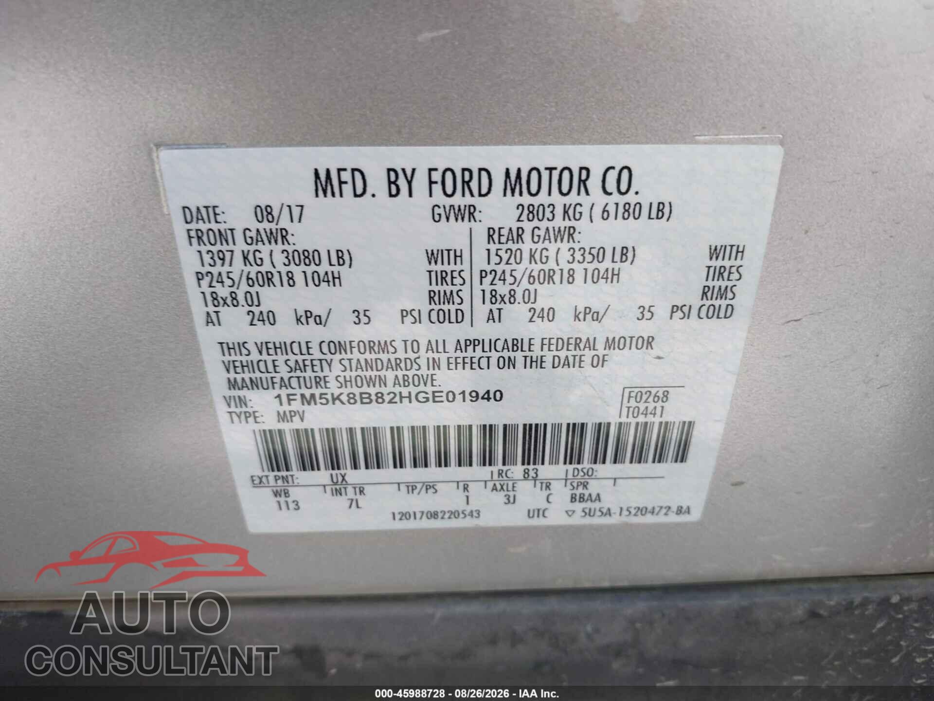 FORD EXPLORER 2017 - 1FM5K8B82HGE01940