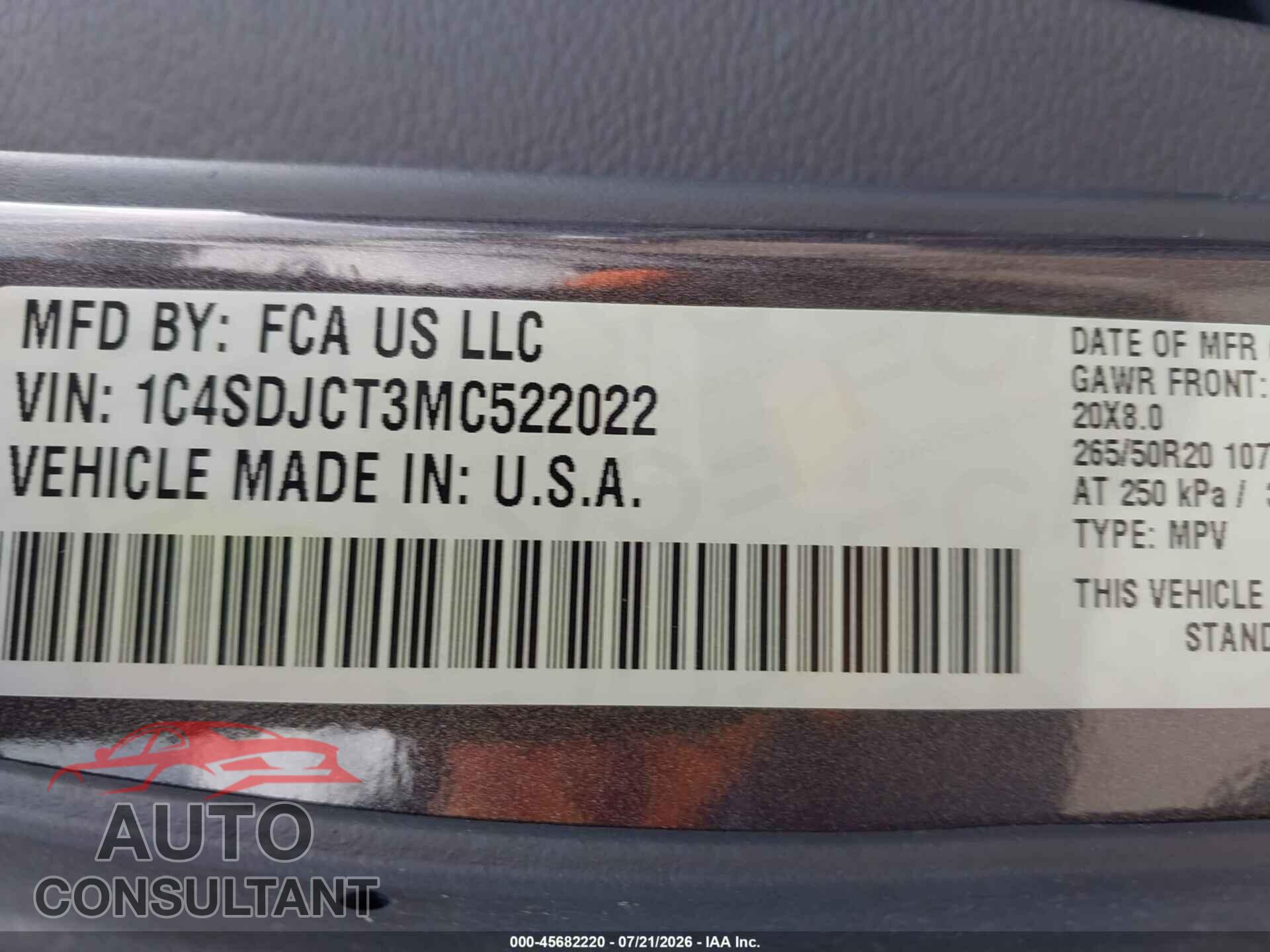 DODGE DURANGO 2021 - 1C4SDJCT3MC522022