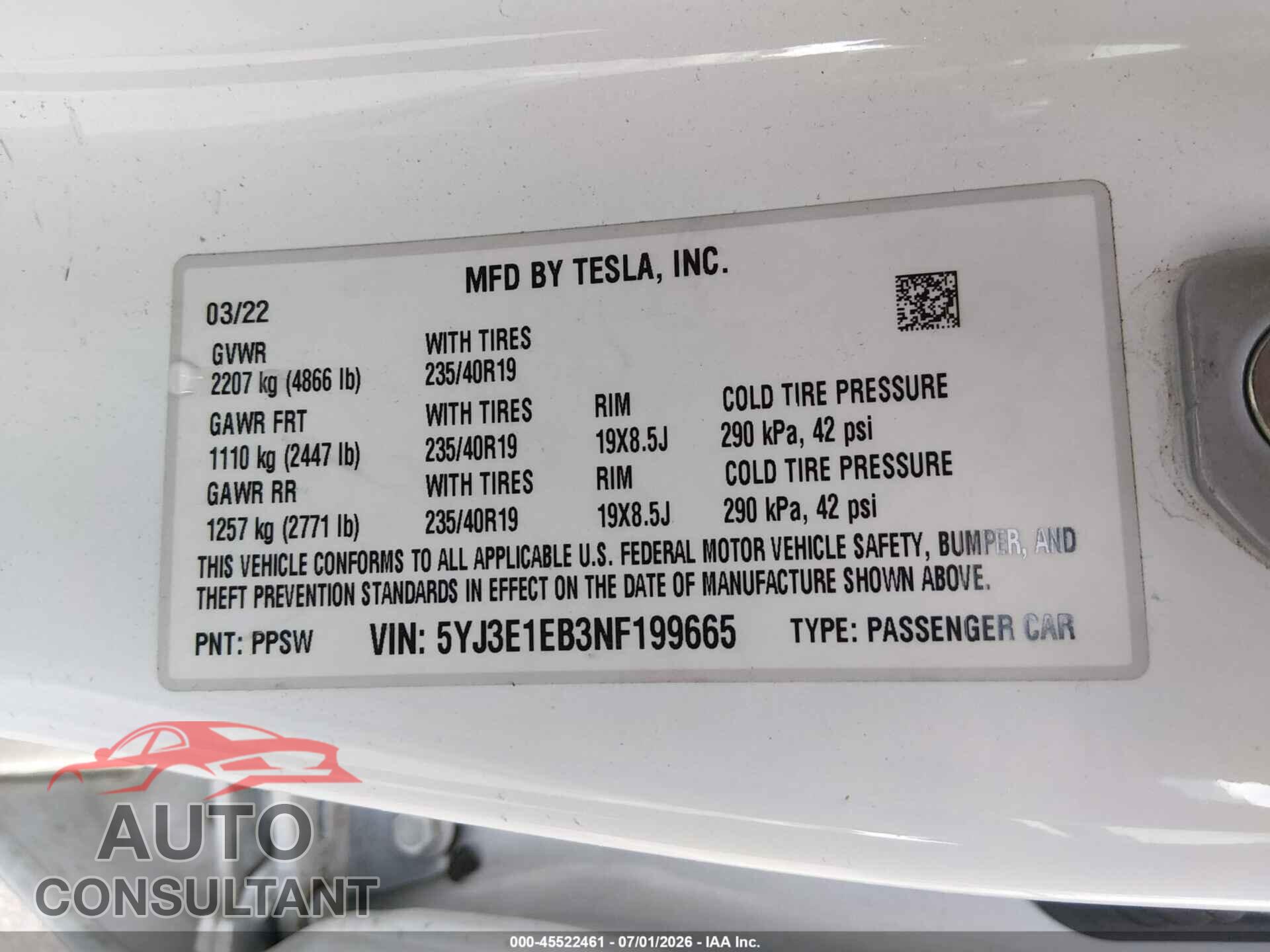 TESLA MODEL 3 2022 - 5YJ3E1EB3NF199665