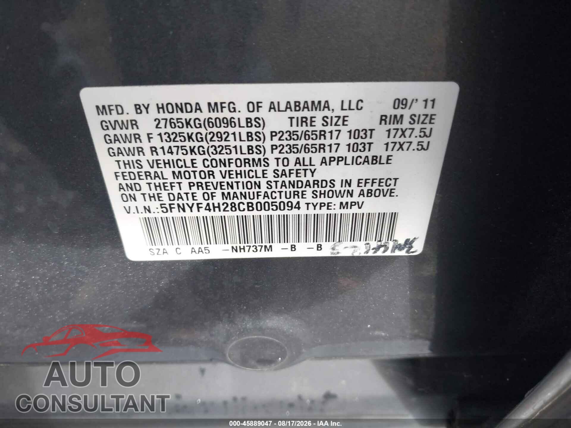 HONDA PILOT 2012 - 5FNYF4H28CB005094