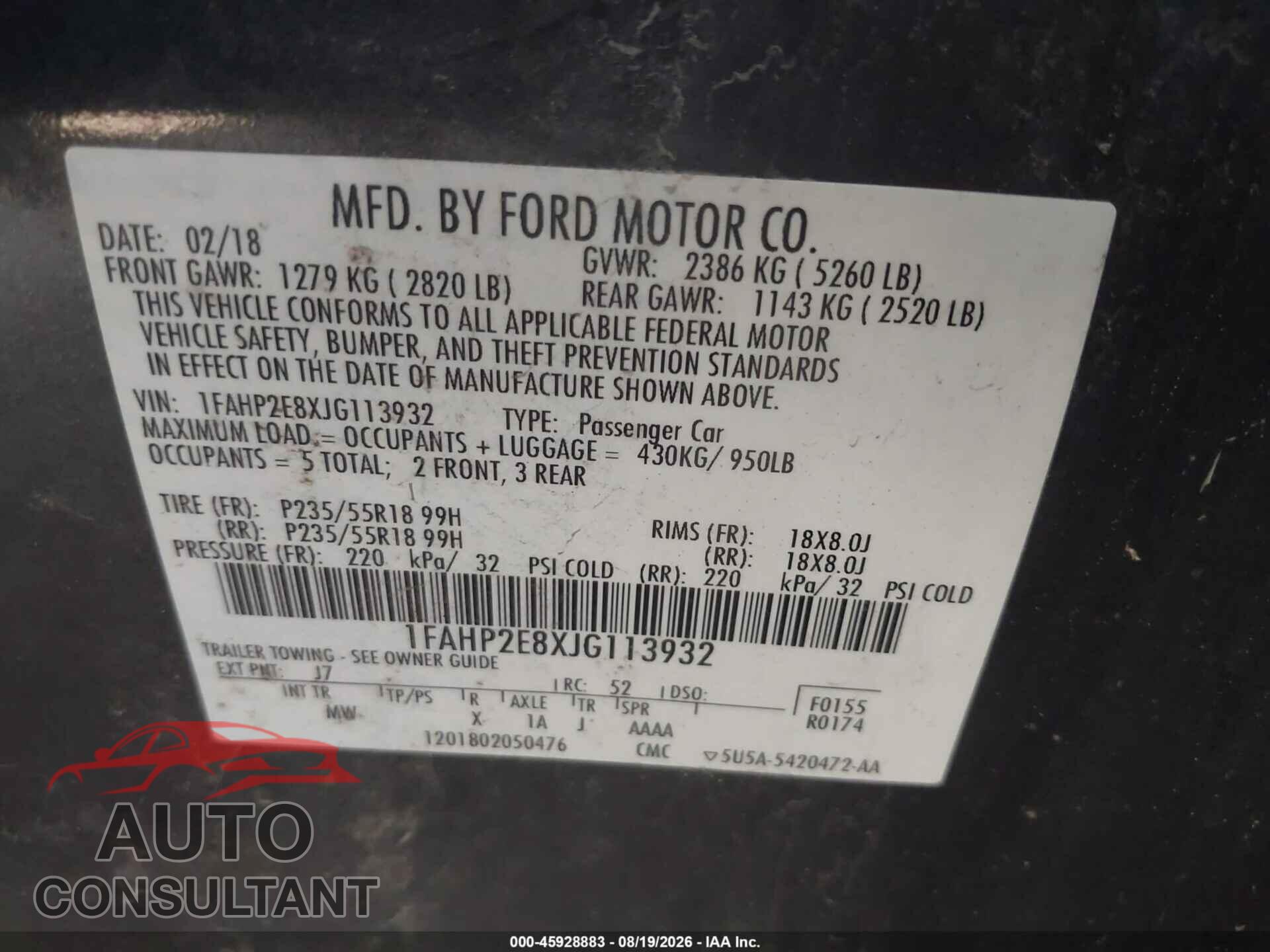 FORD TAURUS 2018 - 1FAHP2E8XJG113932