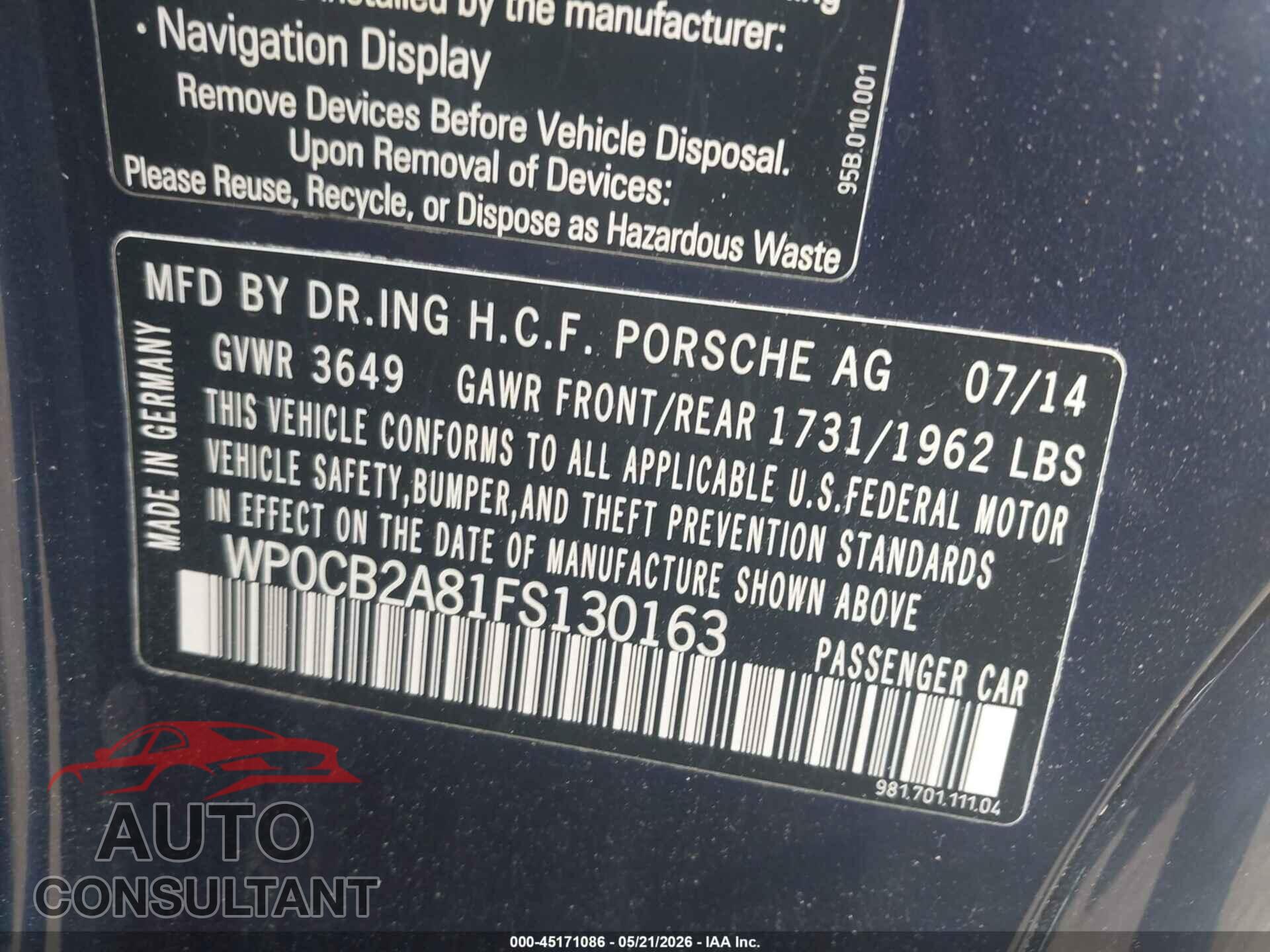 PORSCHE BOXSTER 2015 - WP0CB2A81FS130163