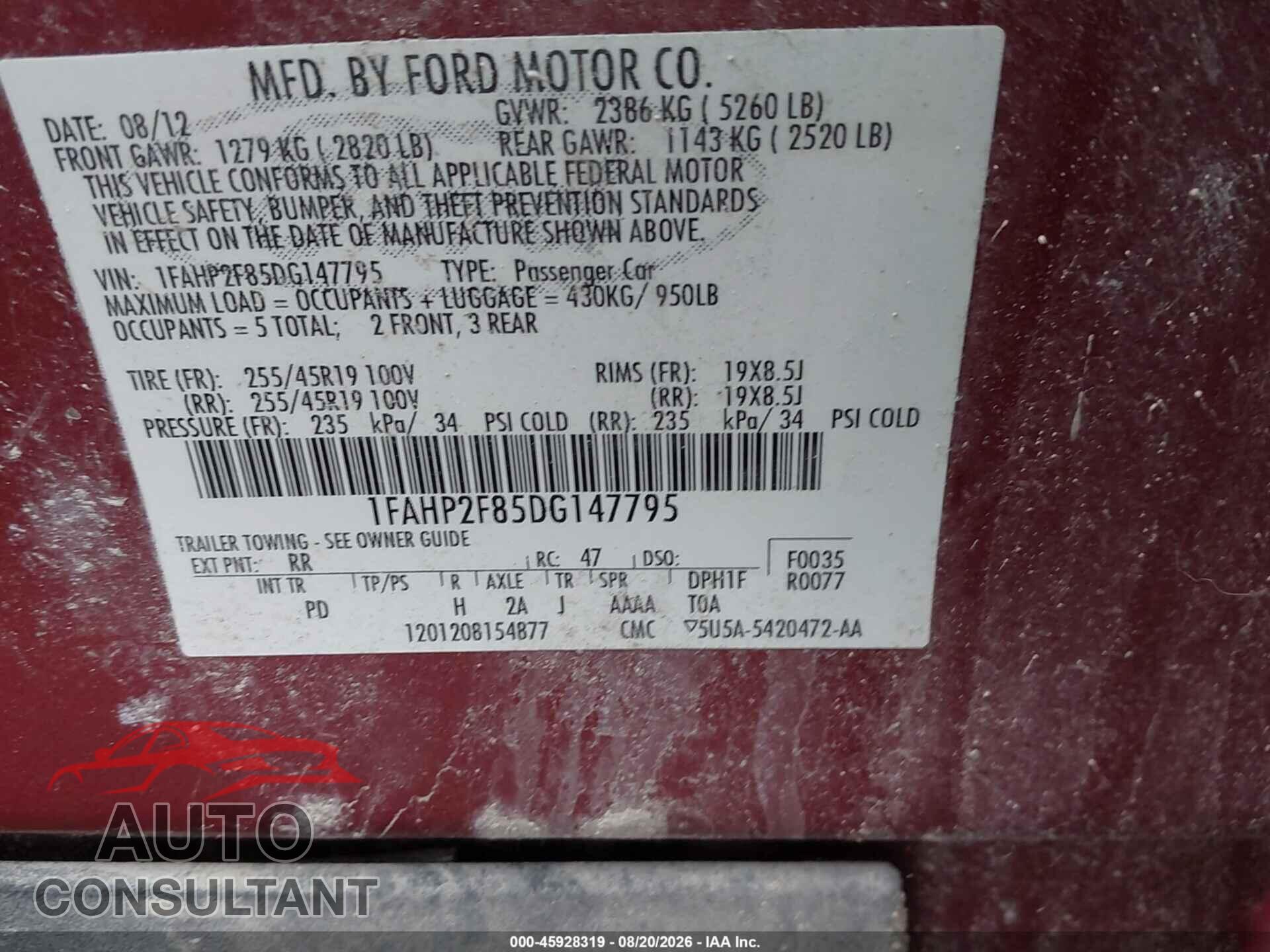 FORD TAURUS 2013 - 1FAHP2F85DG147795