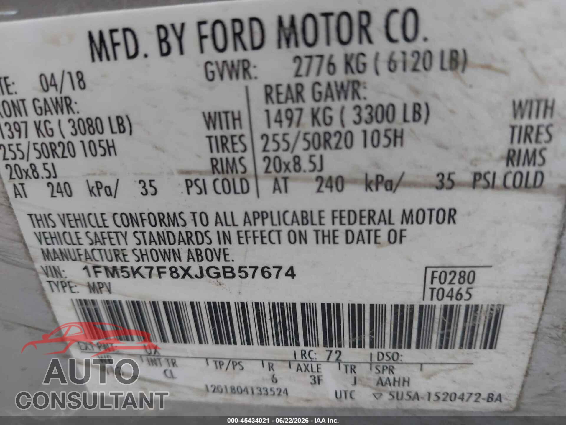 FORD EXPLORER 2018 - 1FM5K7F8XJGB57674
