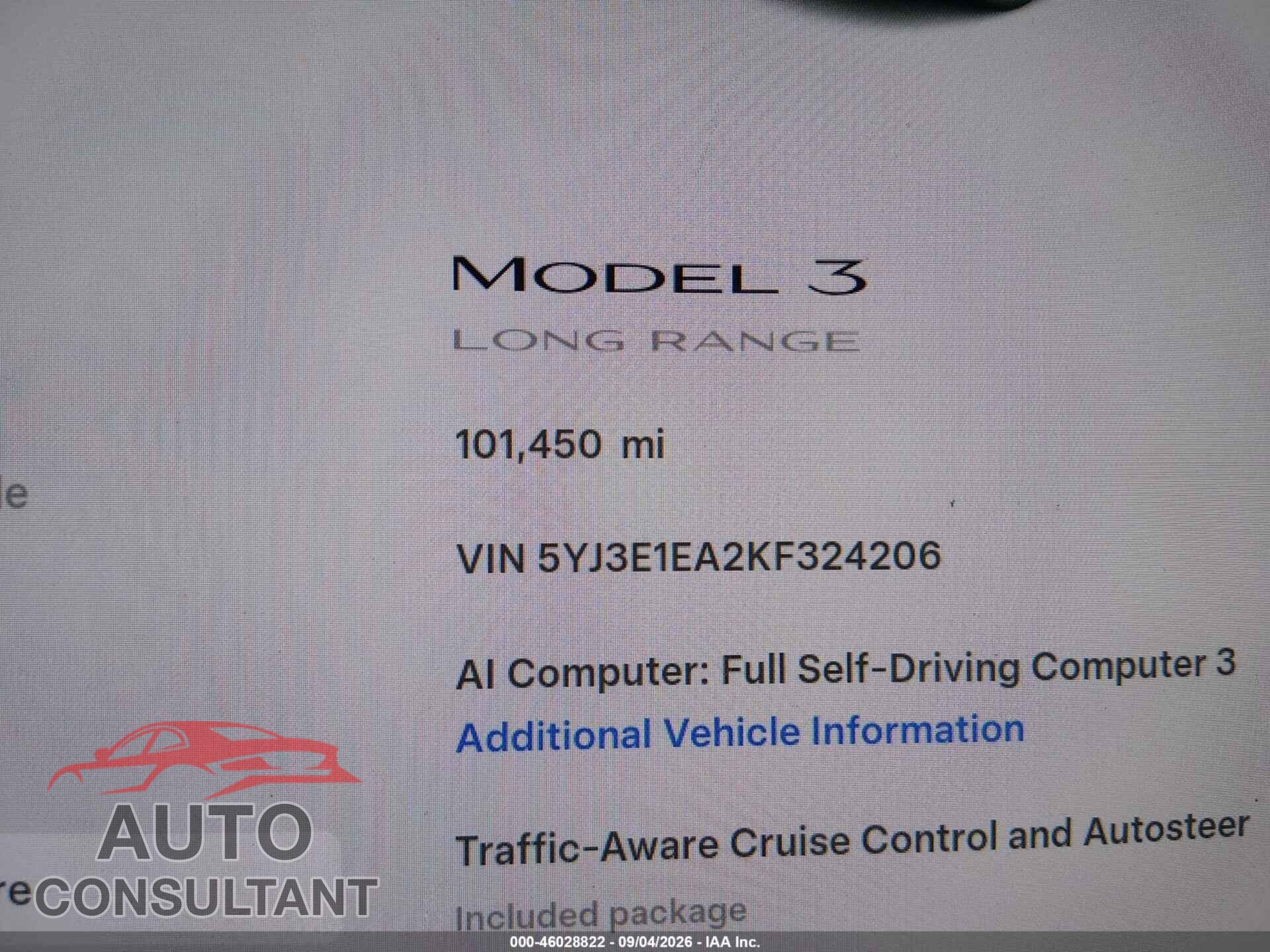 TESLA MODEL 3 2019 - 5YJ3E1EA2KF324206