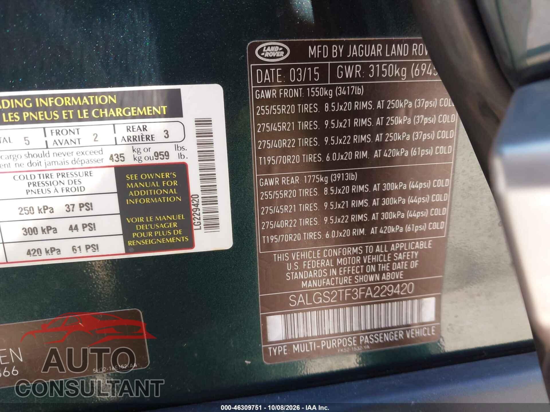 LAND ROVER RANGE ROVER 2015 - SALGS2TF3FA229420