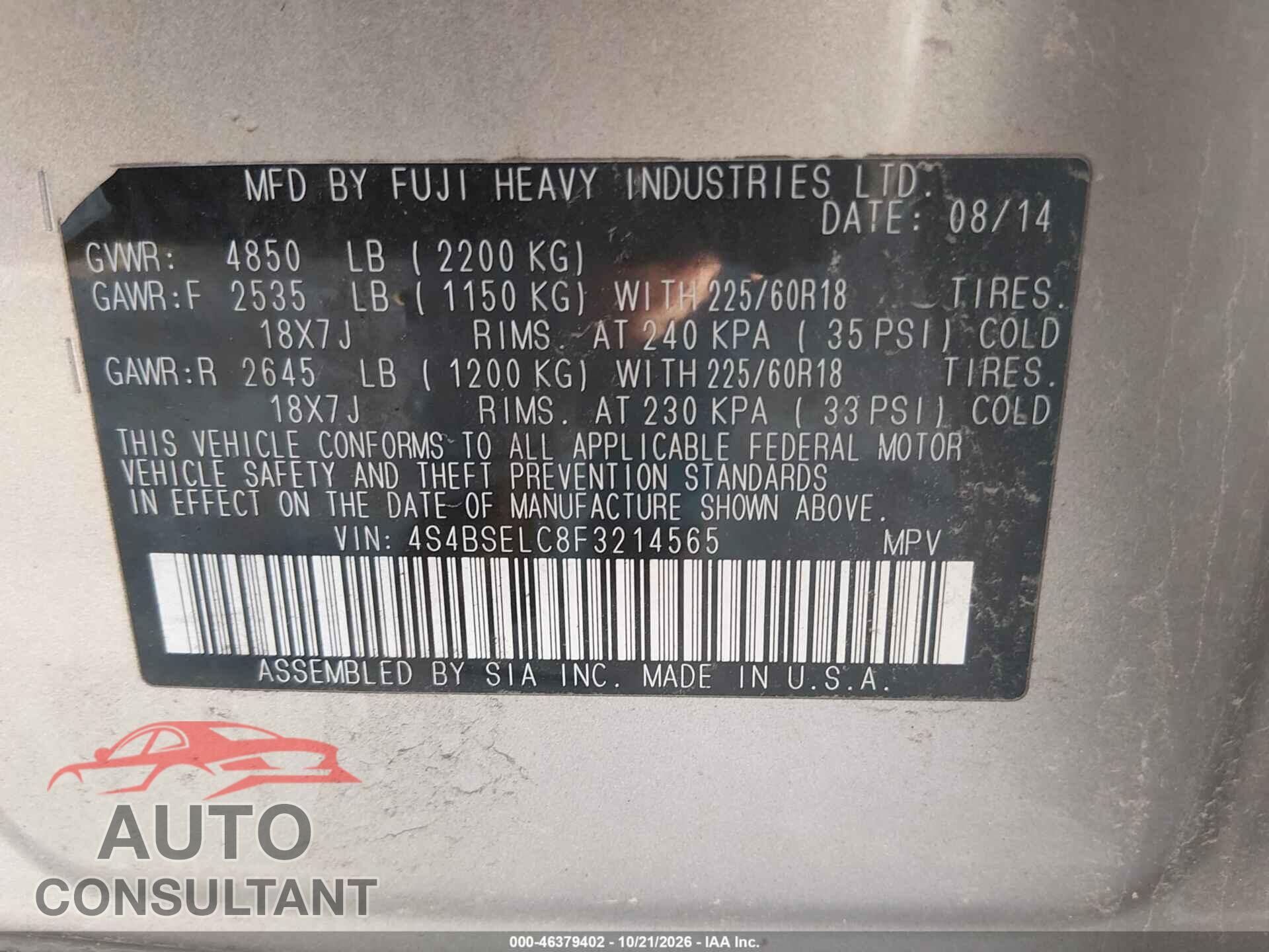 SUBARU OUTBACK 2015 - 4S4BSELC8F3214565