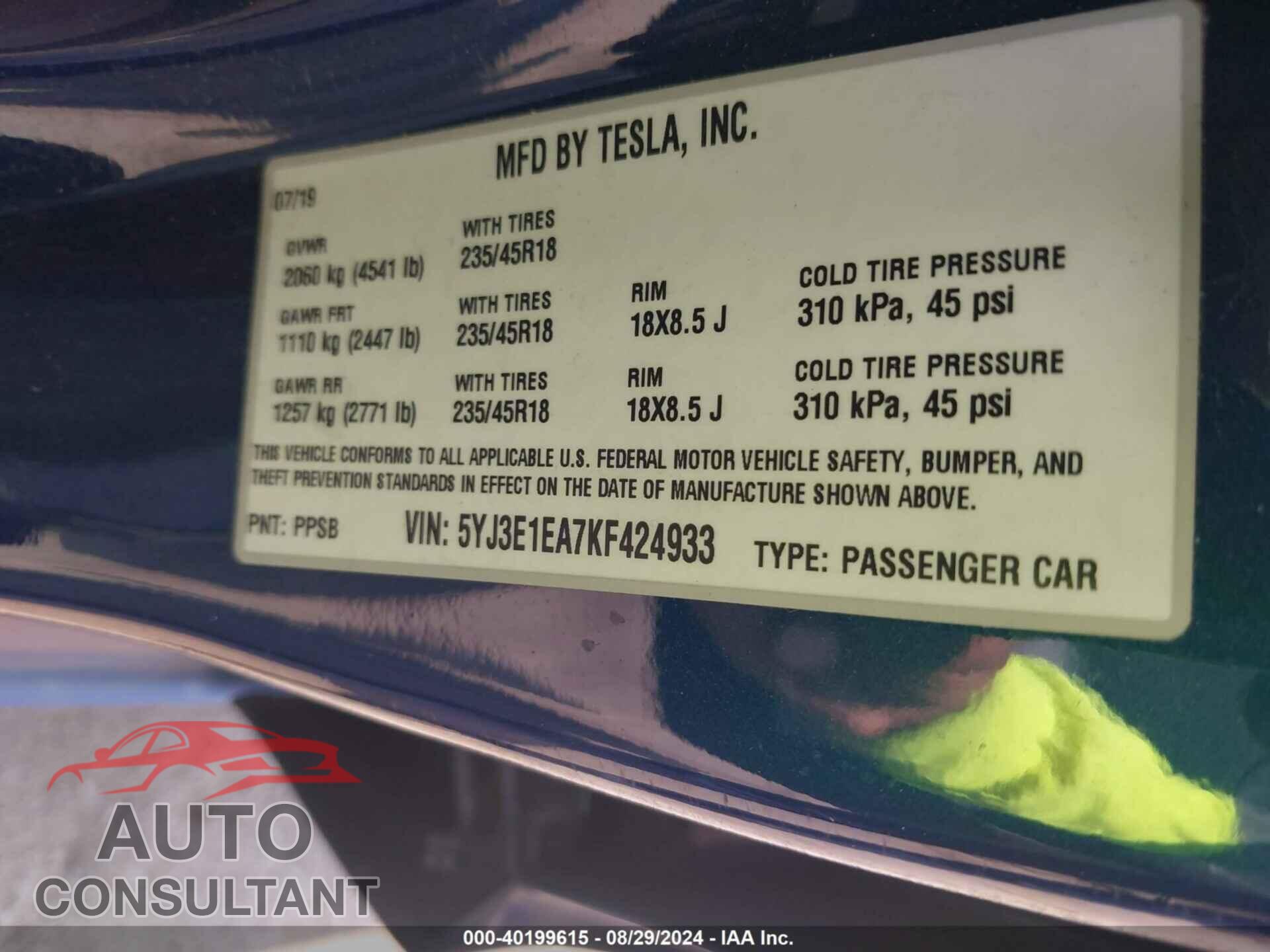 TESLA MODEL 3 2019 - 5YJ3E1EA7KF424933