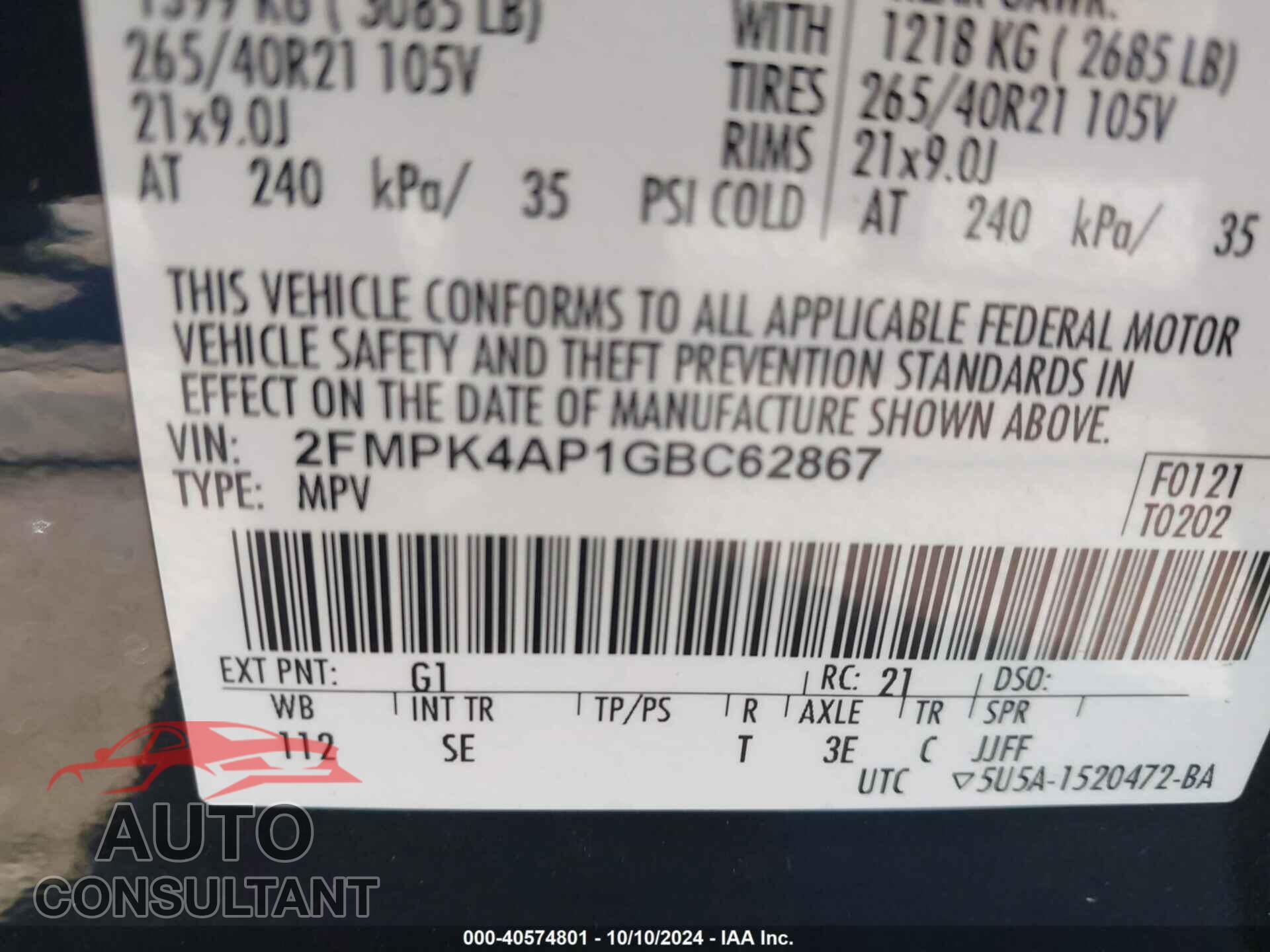 FORD EDGE 2016 - 2FMPK4AP1GBC62867