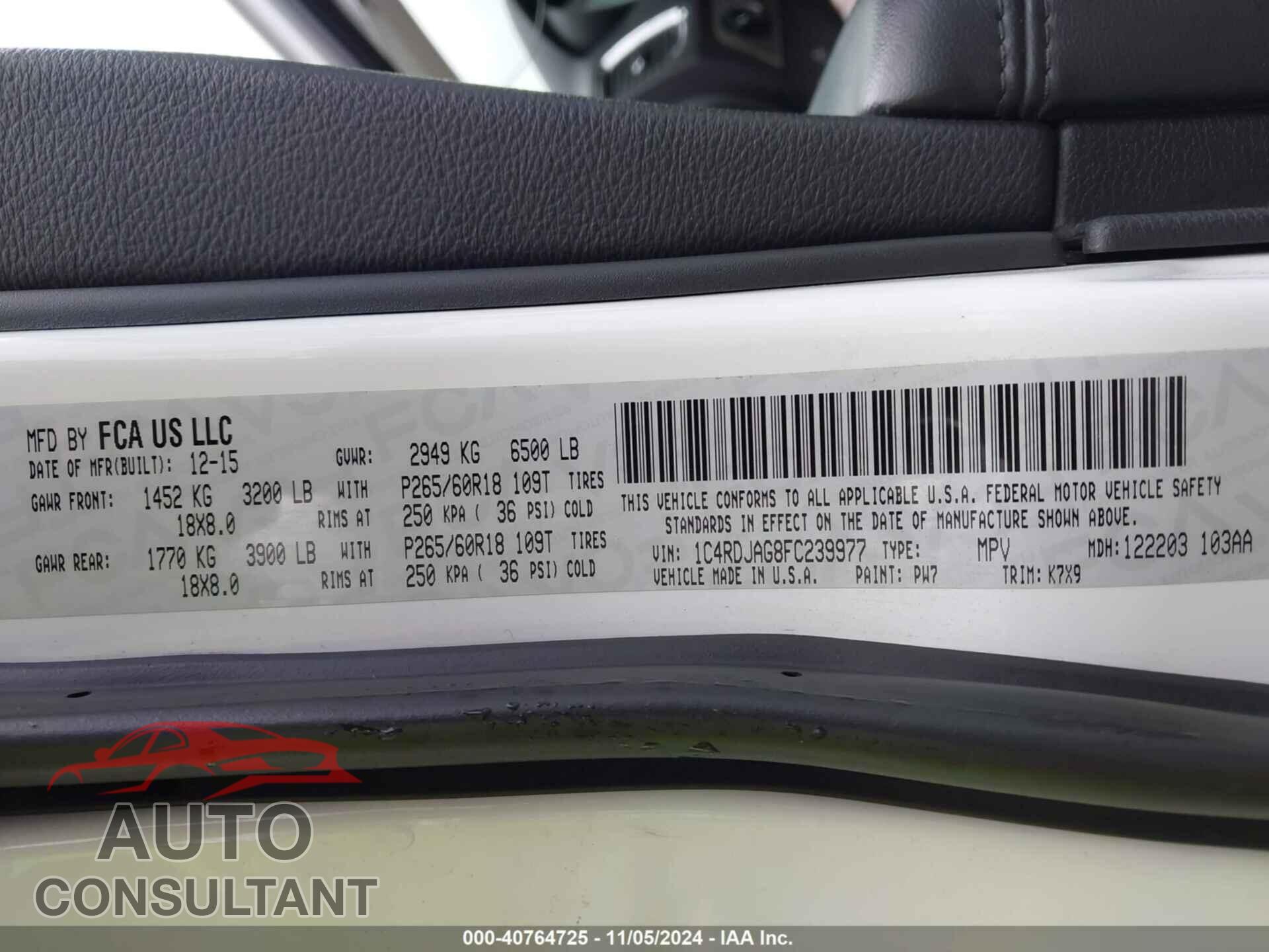 DODGE DURANGO 2015 - 1C4RDJAG8FC239977