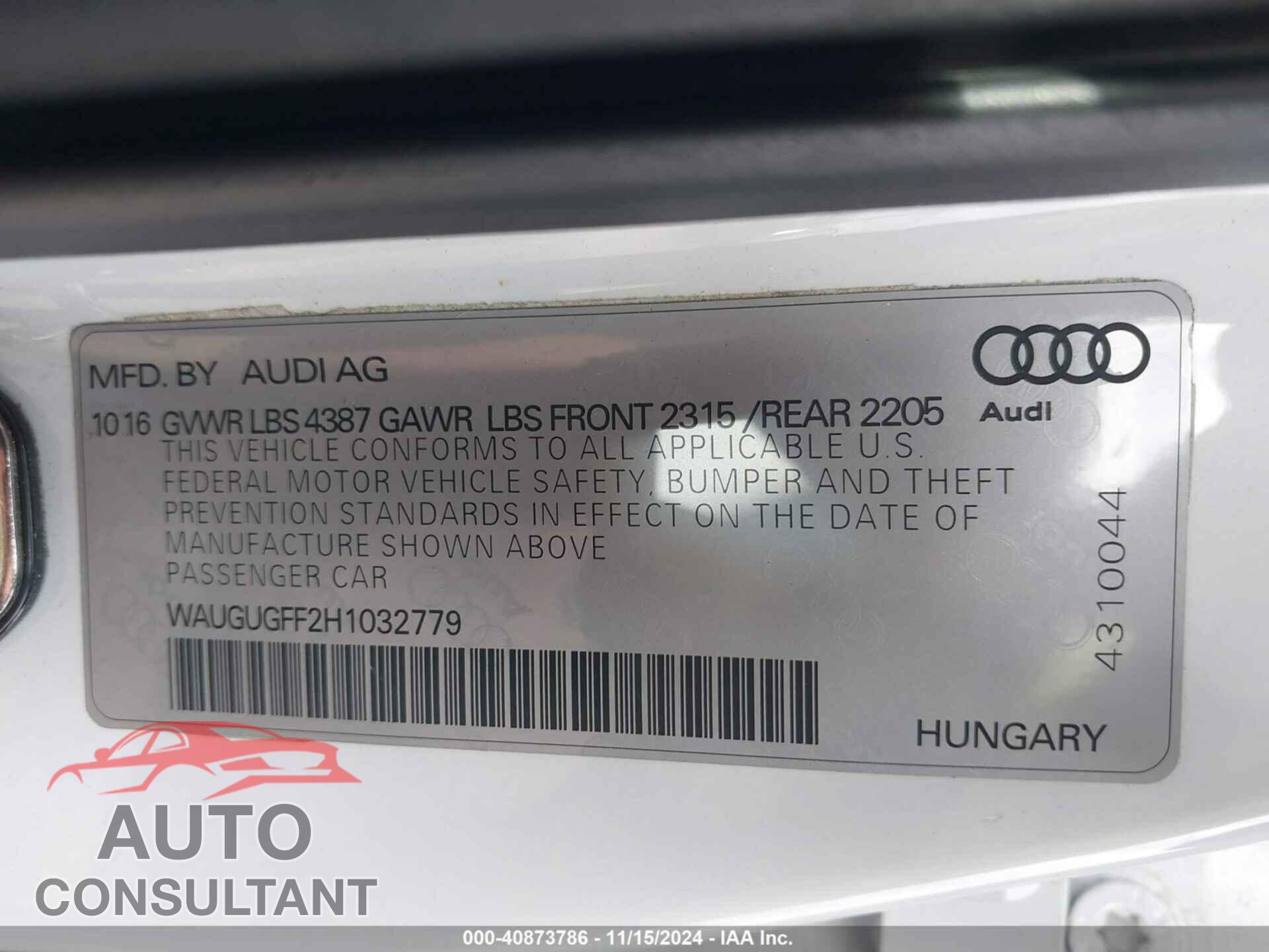 AUDI A3 2017 - WAUGUGFF2H1032779