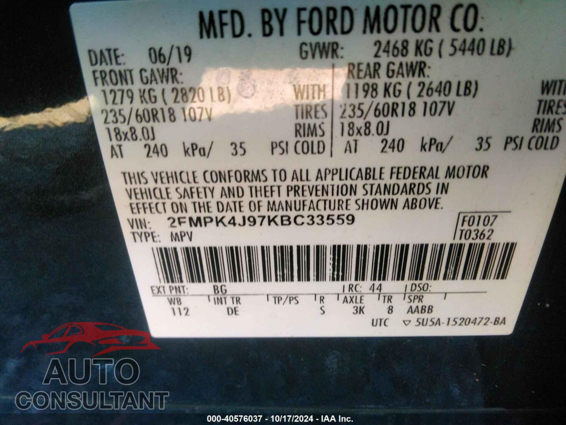 FORD EDGE 2019 - 2FMPK4J97KBC33559
