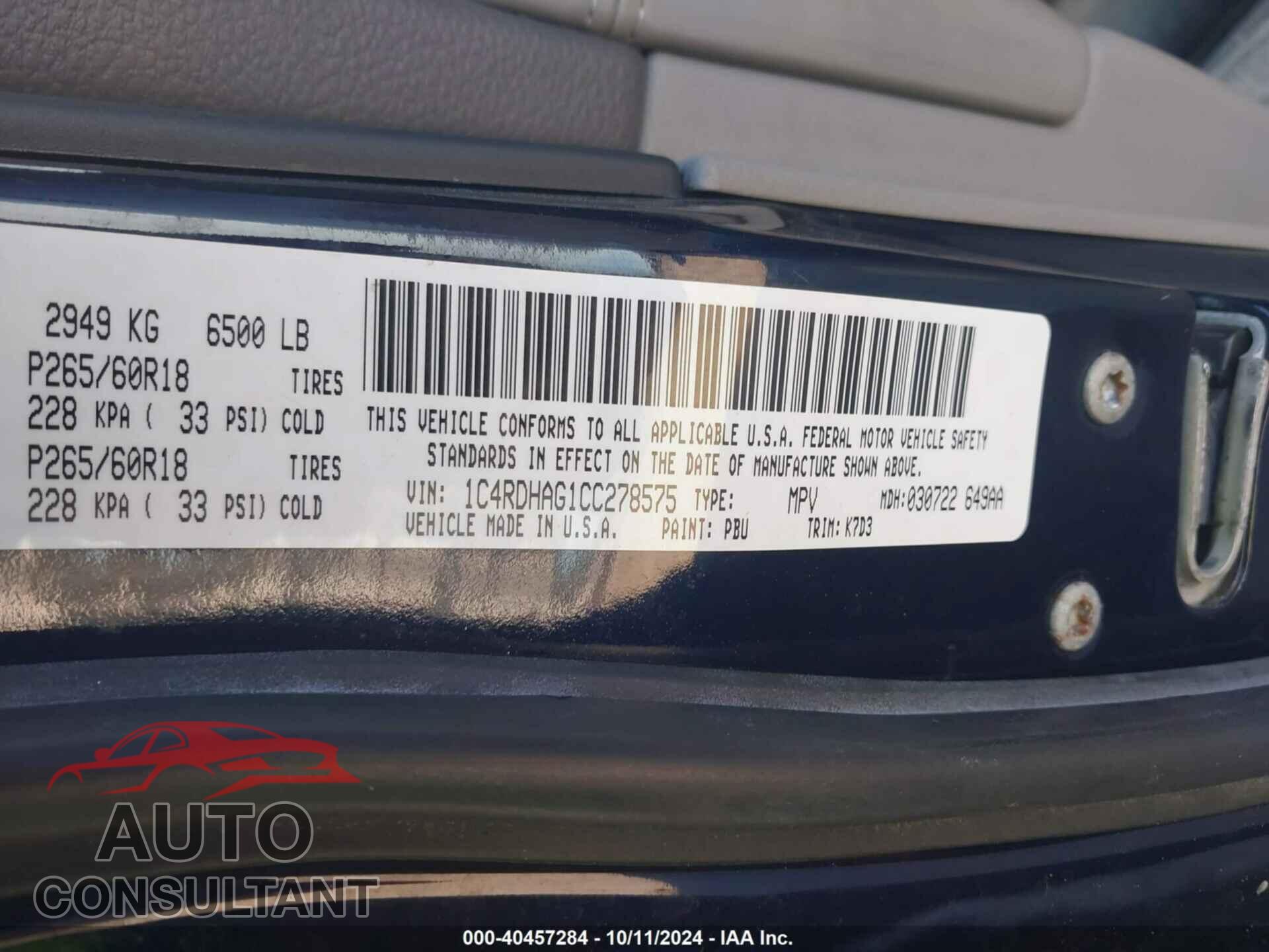 DODGE DURANGO 2012 - 1C4RDHAG1CC278575