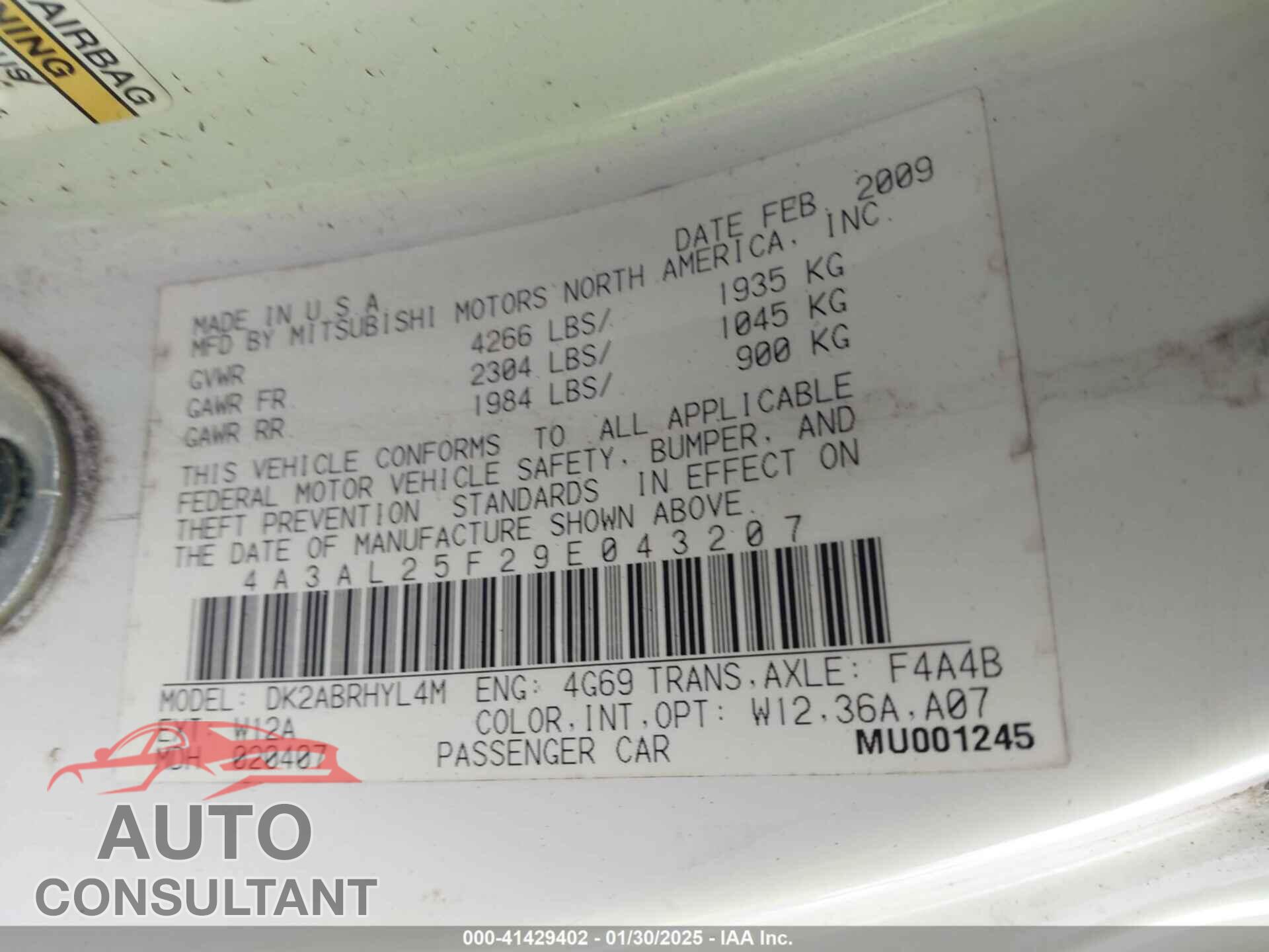 MITSUBISHI ECLIPSE SPYDER 2009 - 4A3AL25F29E043207