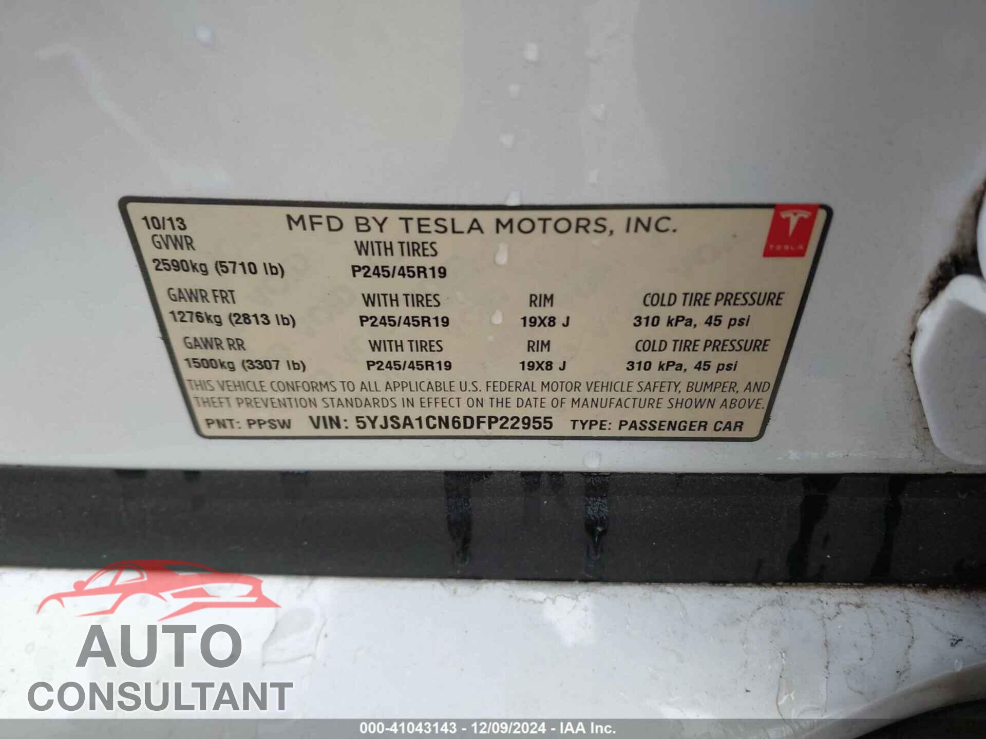 TESLA MODEL S 2013 - 5YJSA1CN6DFP22955