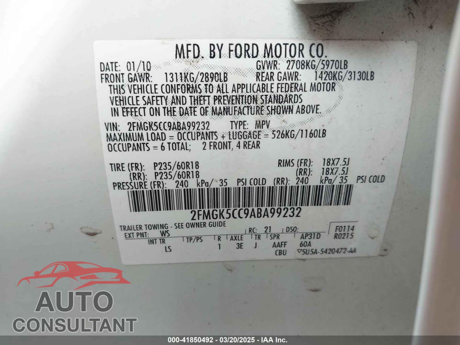 FORD FLEX 2010 - 2FMGK5CC9ABA99232
