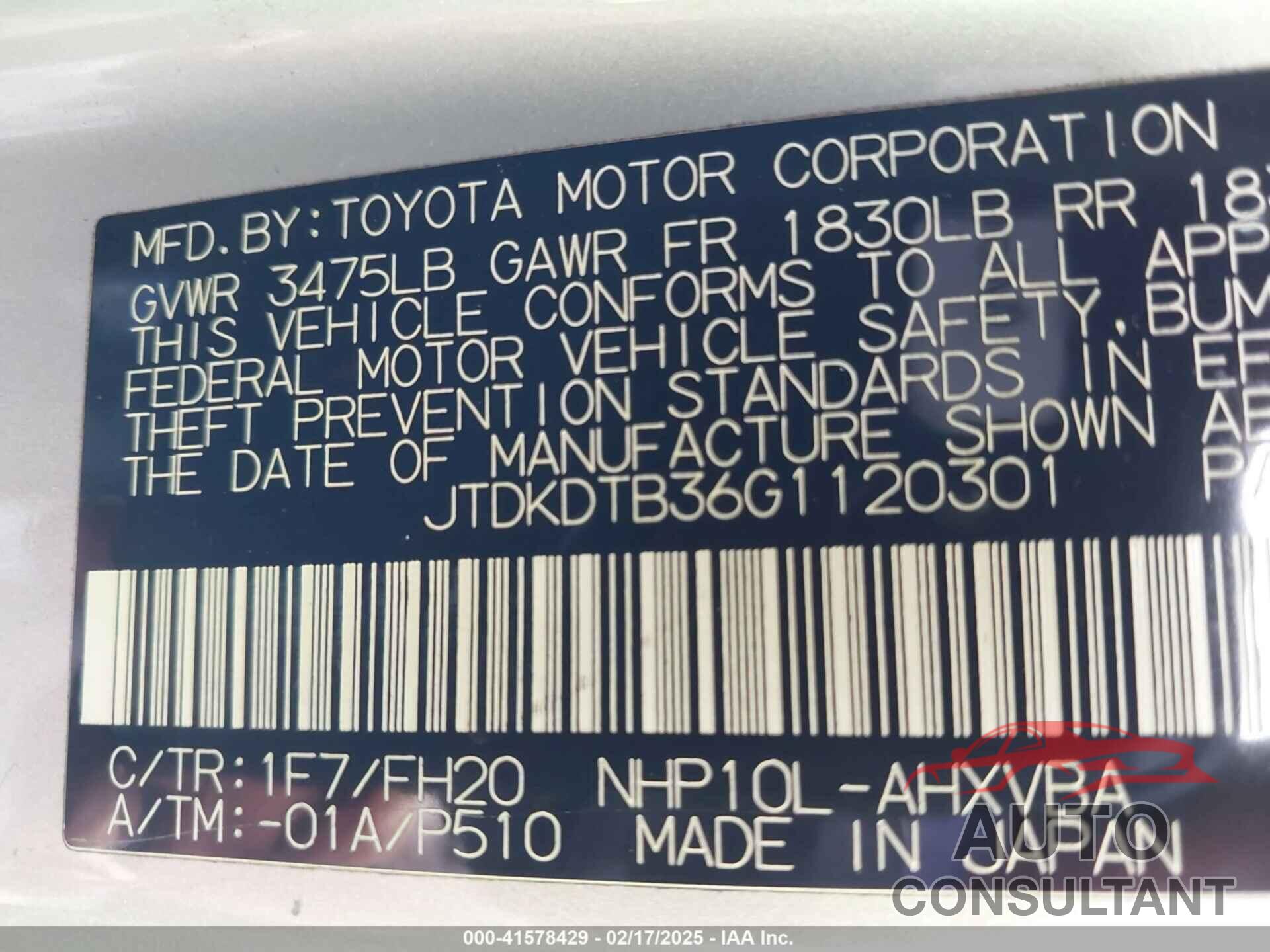 TOYOTA PRIUS C 2016 - JTDKDTB36G1120301