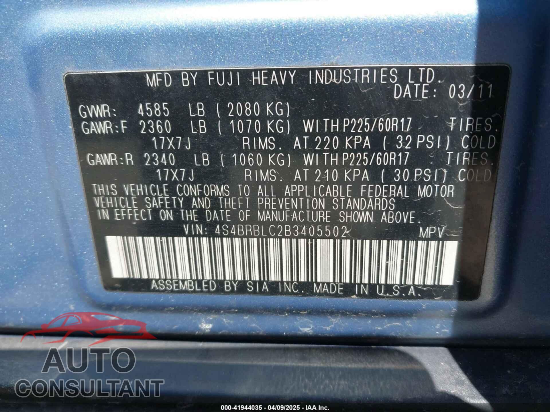 SUBARU OUTBACK 2011 - 4S4BRBLC2B3405502