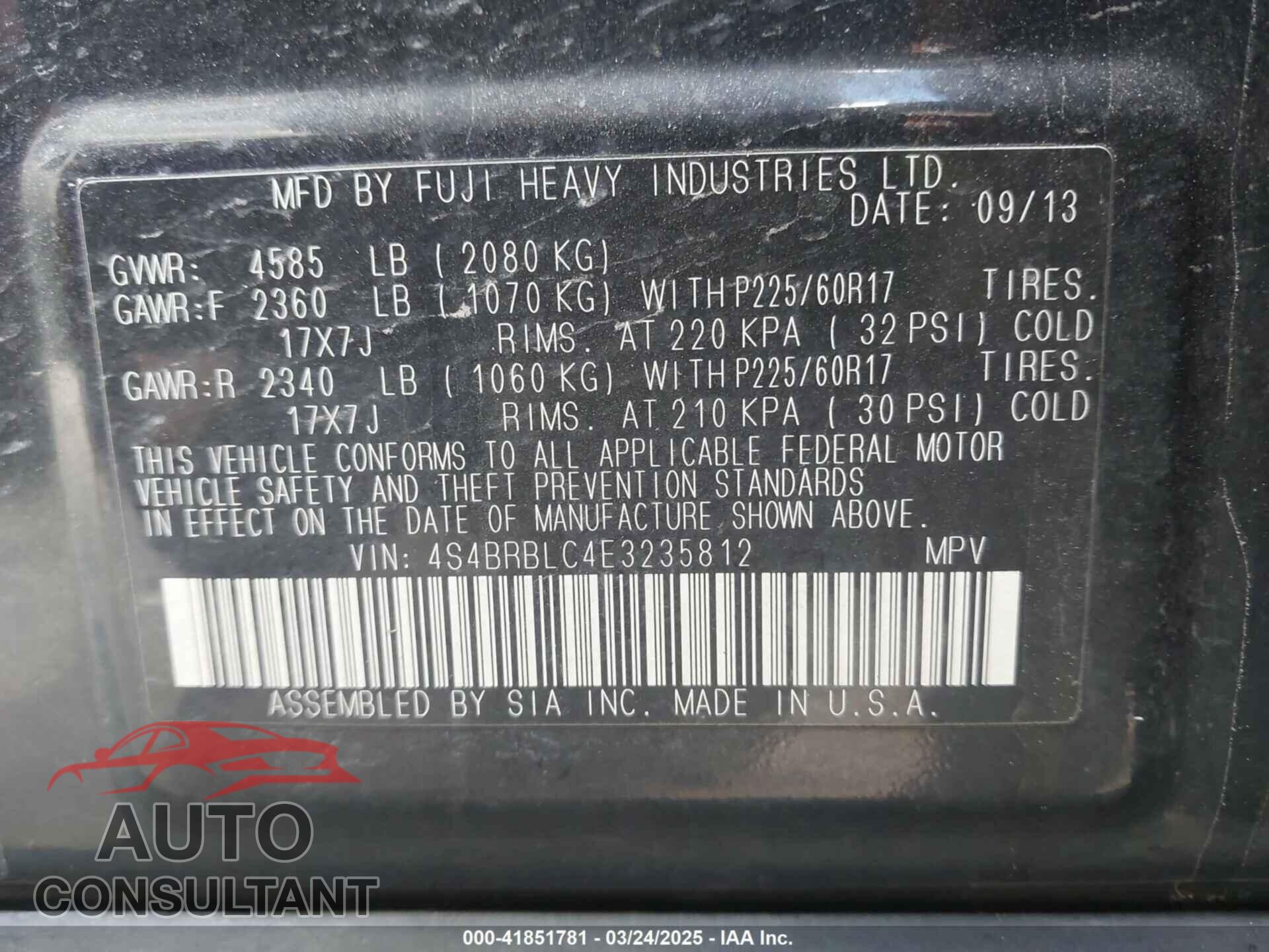 SUBARU OUTBACK 2014 - 4S4BRBLC4E3235812
