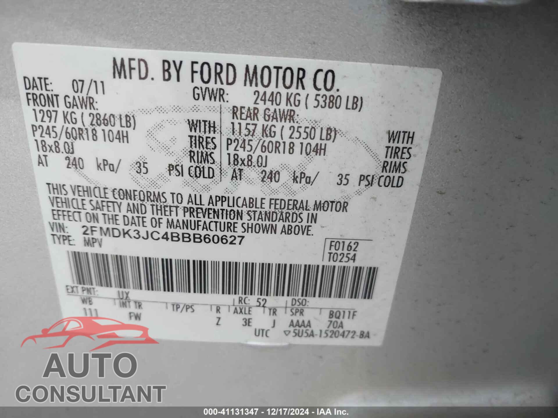 FORD EDGE 2011 - 2FMDK3JC4BBB60627