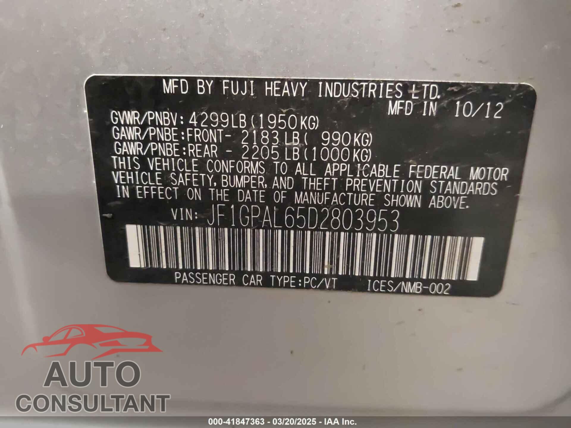 SUBARU IMPREZA 2013 - JF1GPAL65D2803953