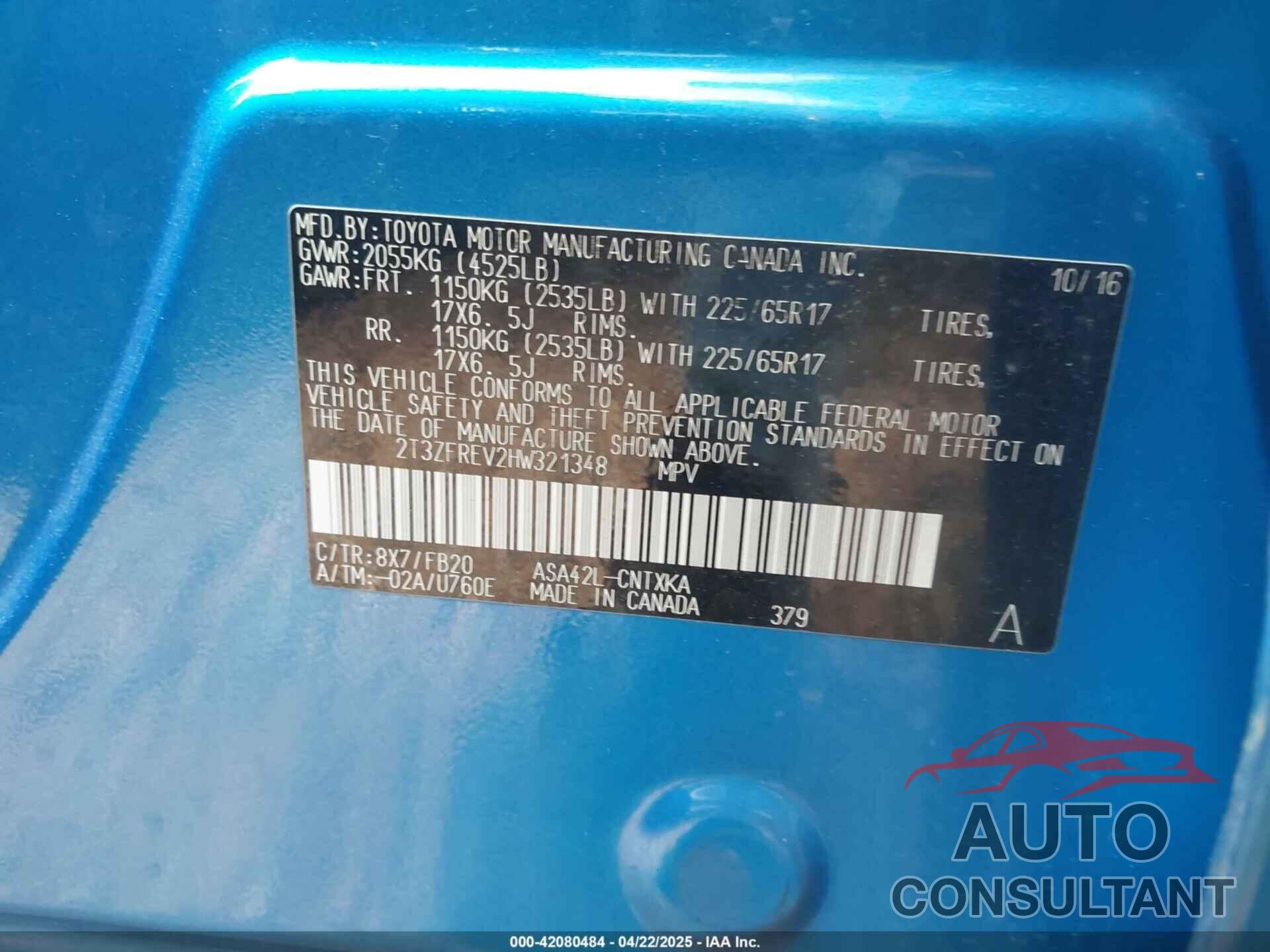 TOYOTA RAV4 2017 - 2T3ZFREV2HW321348