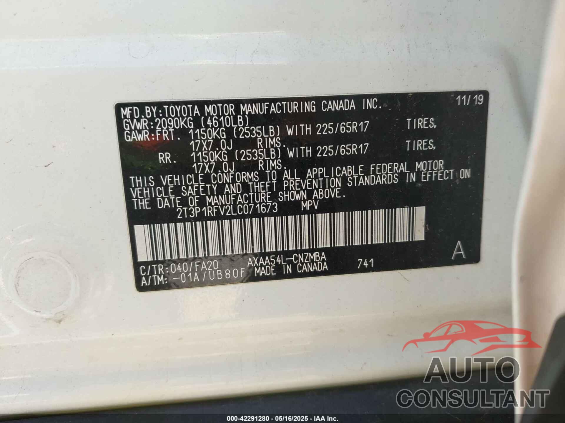TOYOTA RAV4 2020 - 2T3P1RFV2LC071673